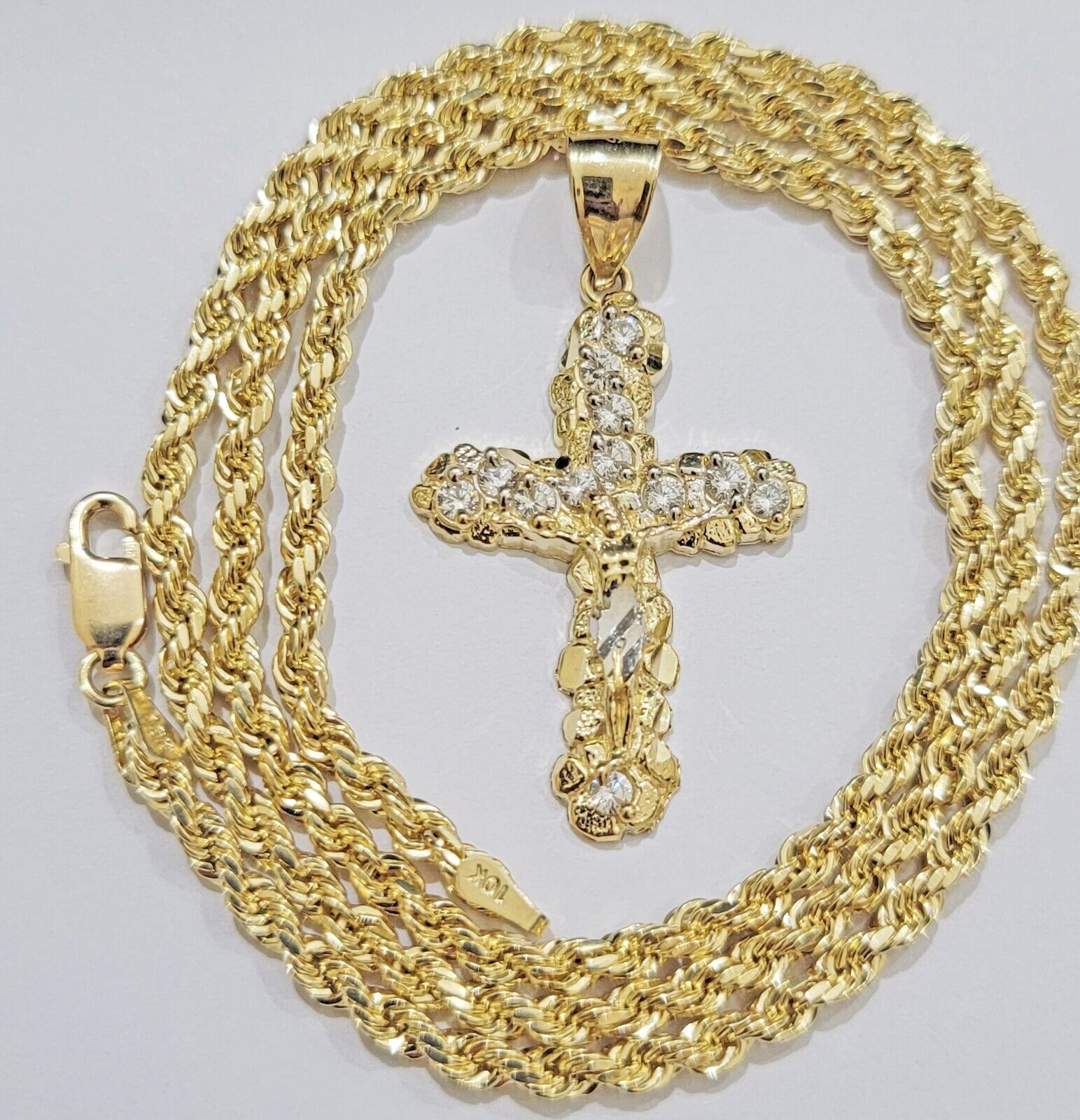 10k Gold Rope Chain Jesus Cross Charm Pendant Set 18 - 28" inch 4mm Necklace, REAL - GoldenlinQ