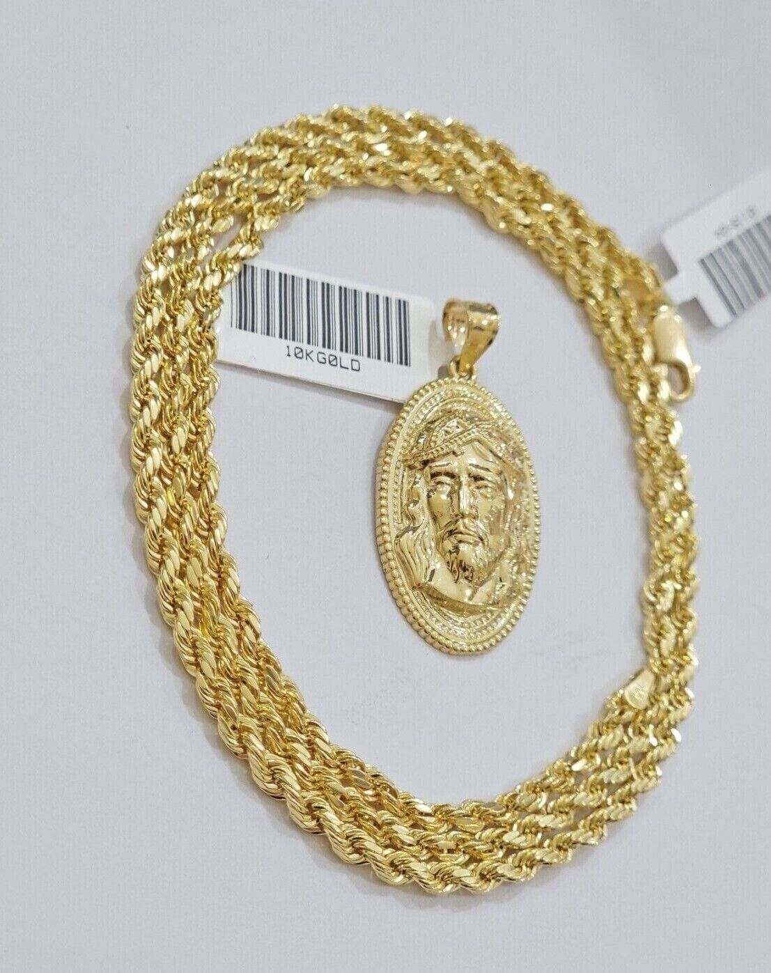 10k Gold Rope Chain Jesus Head Charm Pendant Set 18 - 28" Inch 3mm Necklace REAL - GoldenlinQ