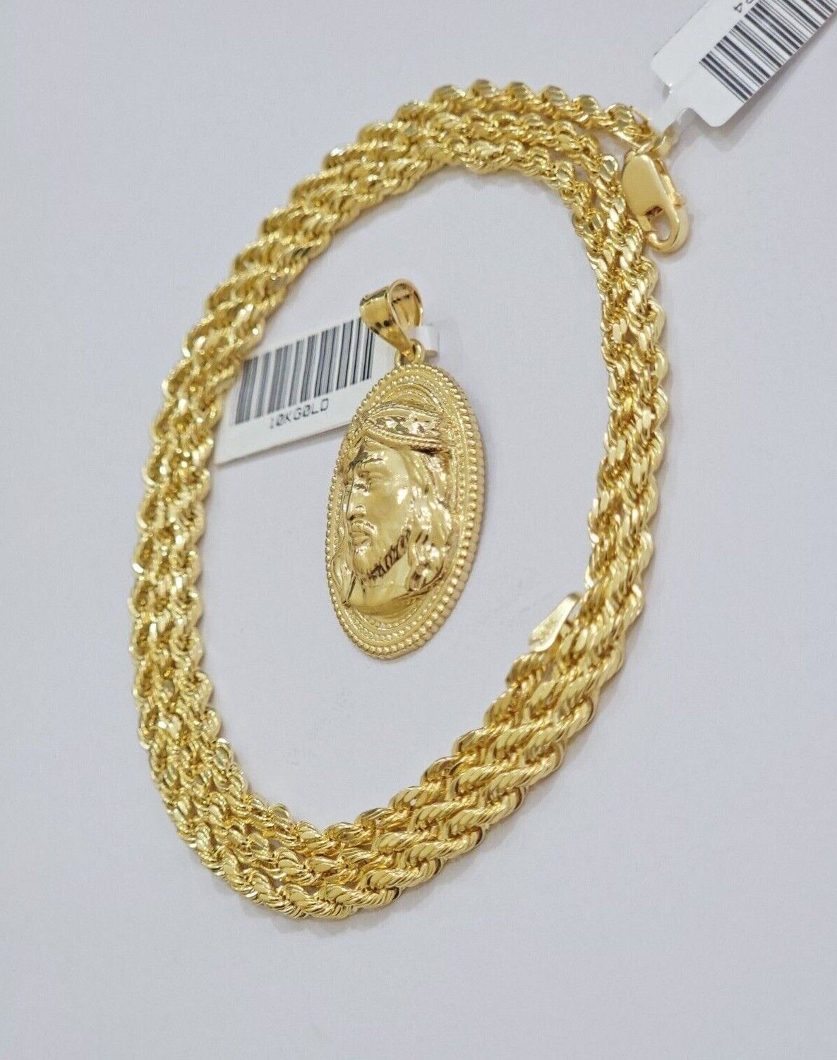 10k Gold Rope Chain Jesus Head Charm Pendant Set 18 - 28" Inch 3mm Necklace REAL - GoldenlinQ
