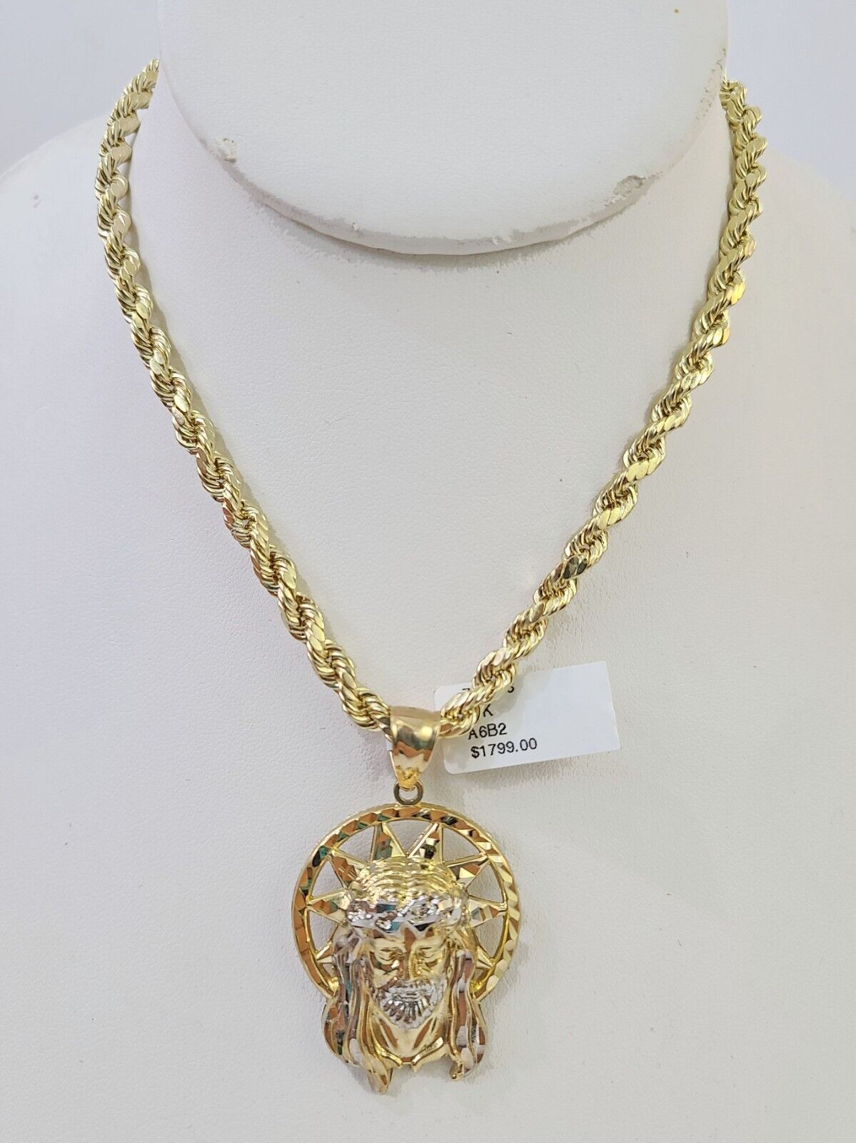 10k Gold Rope Chain & Jesus Head Charm SET 5mm 22 Inches Necklace - GoldenlinQ