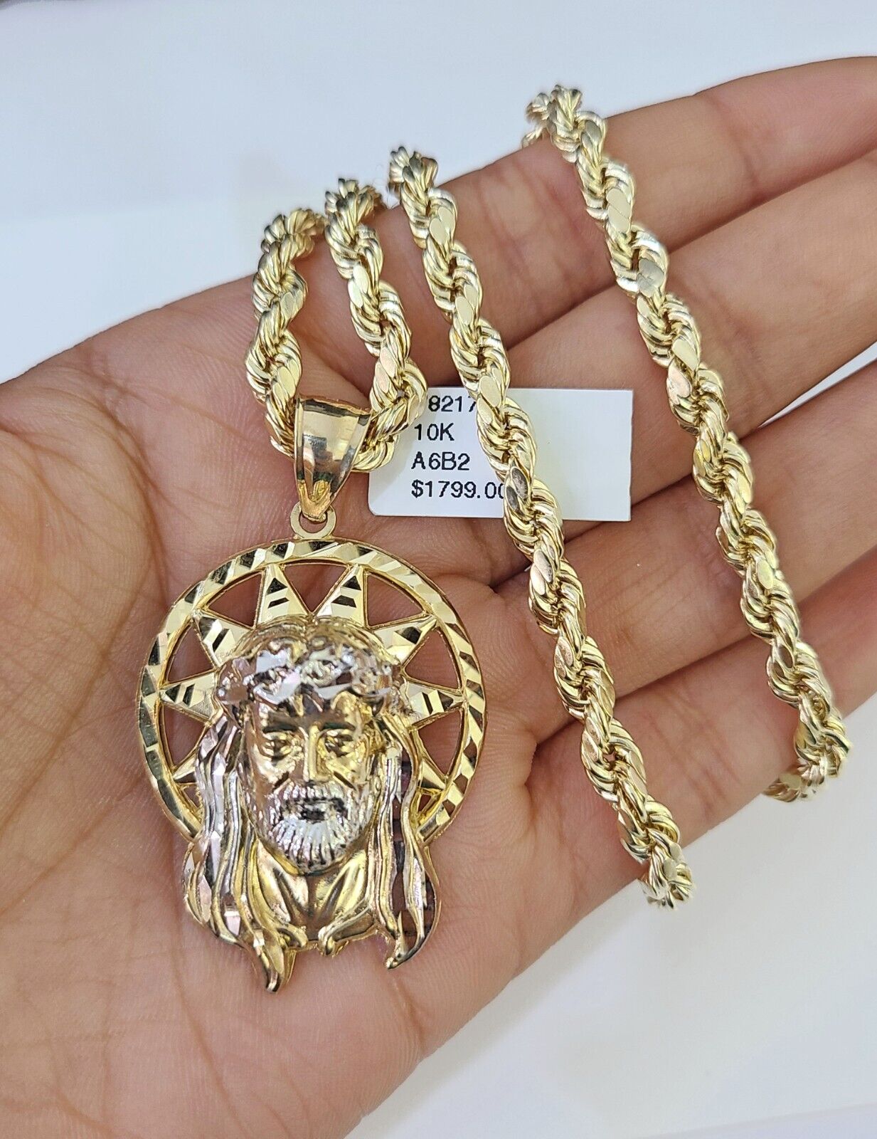 10k Gold Rope Chain & Jesus Head Charm SET 5mm 22 Inches Necklace - GoldenlinQ