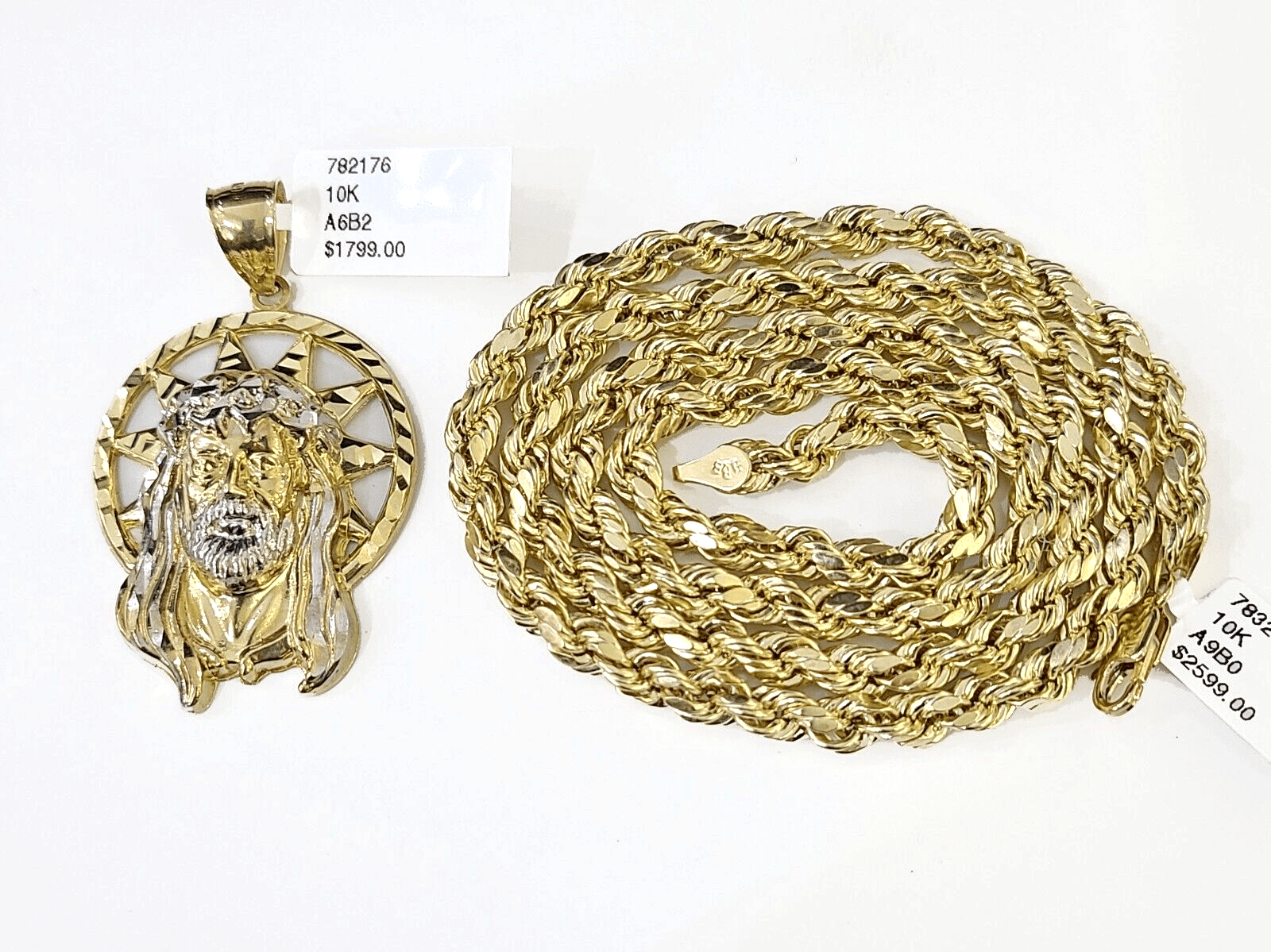 10k Gold Rope Chain & Jesus Head Charm SET 5mm 22 Inches Necklace - GoldenlinQ