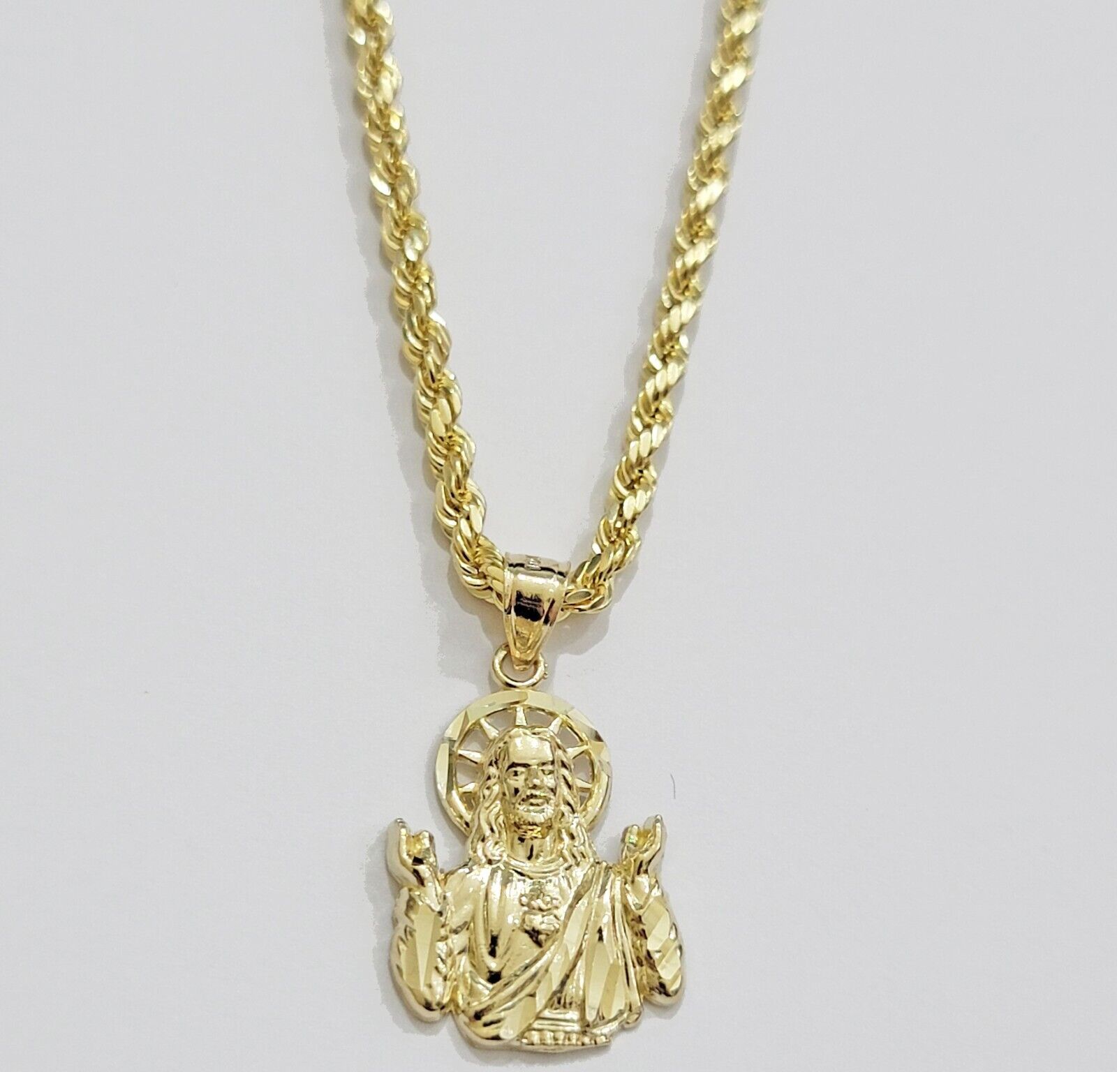 10k Gold Rope Chain Jesus Head pendant Set 3mm 24 Inch Necklace & Charm REAL 10k - GoldenlinQ