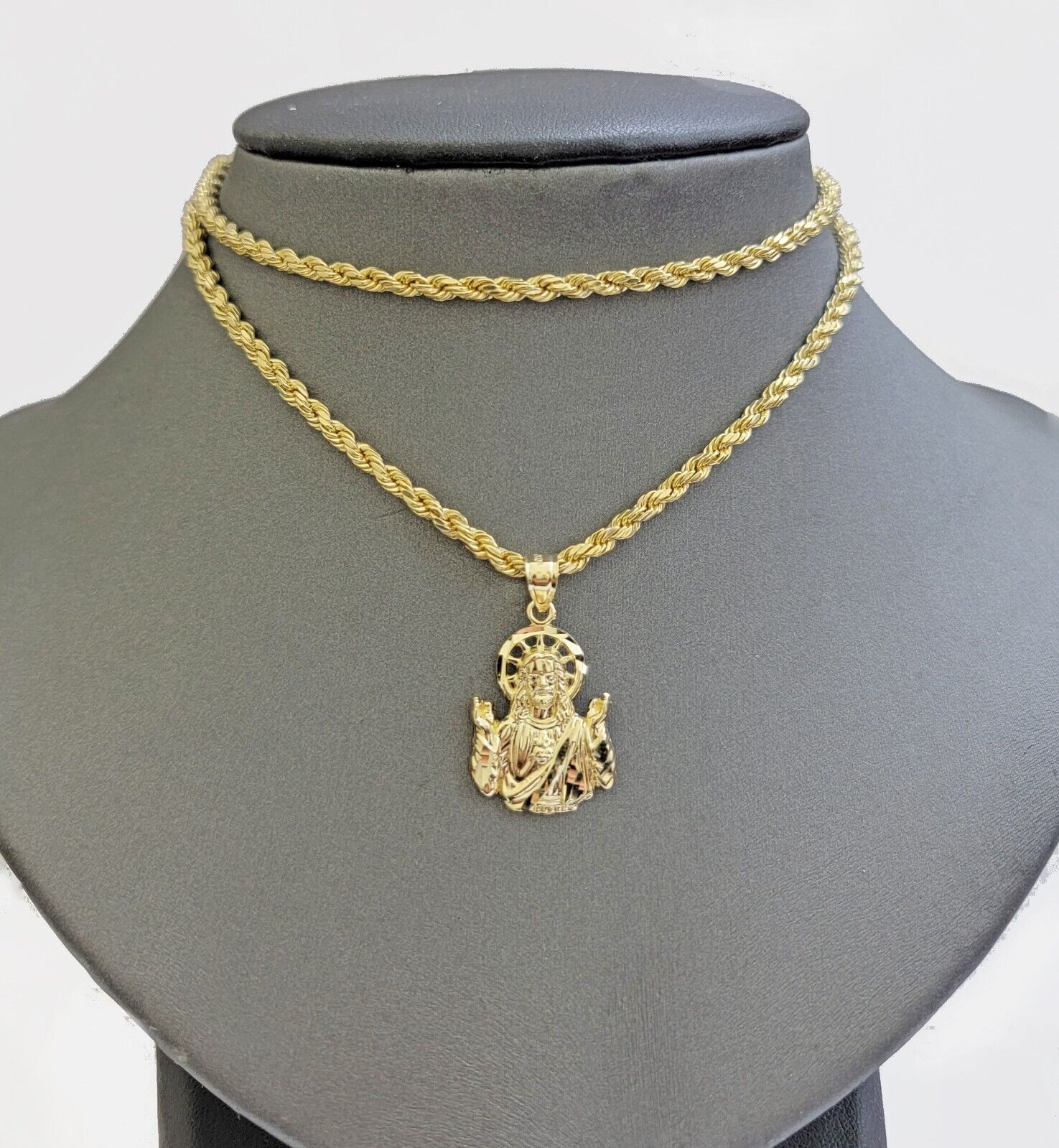 10k Gold Rope Chain Jesus Head pendant Set 3mm 24 Inch Necklace & Charm REAL 10k - GoldenlinQ