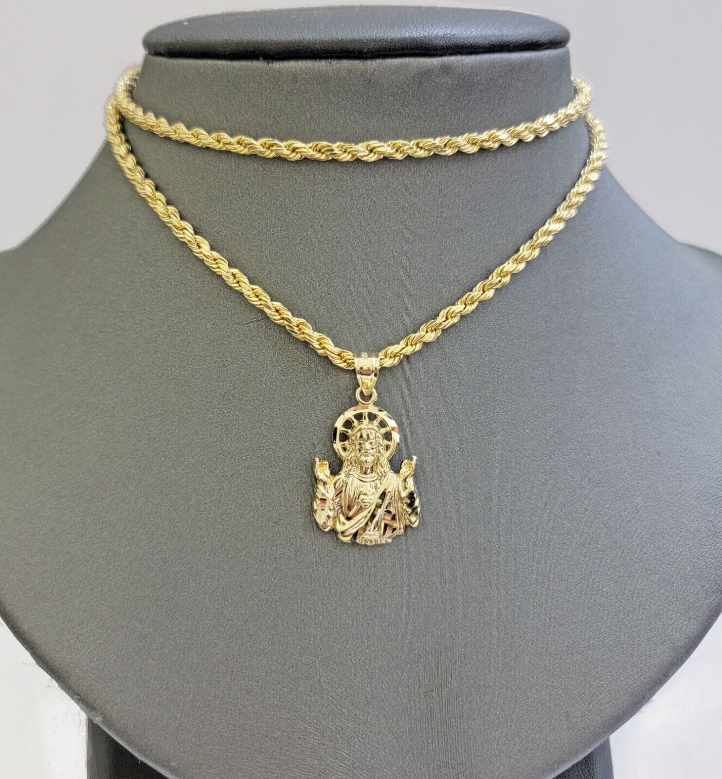 10k Gold Rope Chain Jesus Head pendant Set 3mm 24 Inch Necklace & Charm REAL 10k - GoldenlinQ