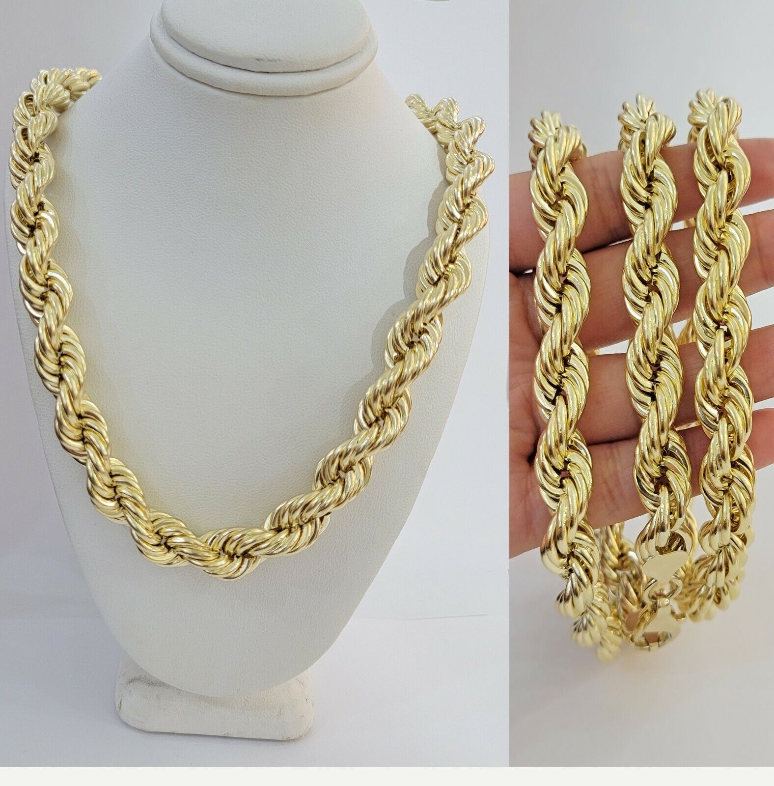 10k Gold Rope Chain Mens 22 Inch Necklace 12mm REAL 10kt Yellow Gold , Thick - GoldenlinQ