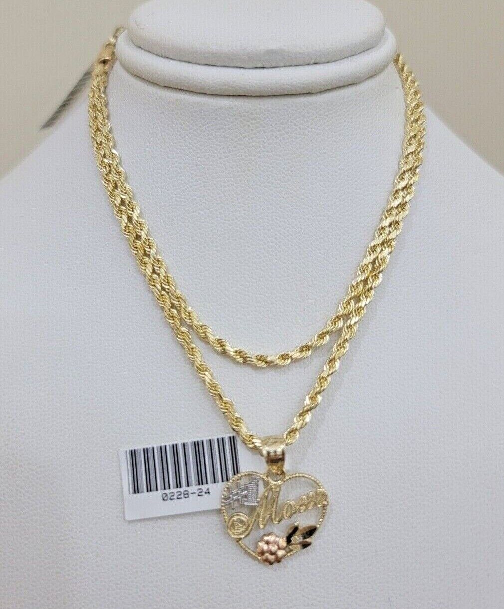 10k Gold Rope Chain Mom Heart Charm Pendant Set 16 - 28'' Inch 2.5mm Necklace REAL - GoldenlinQ