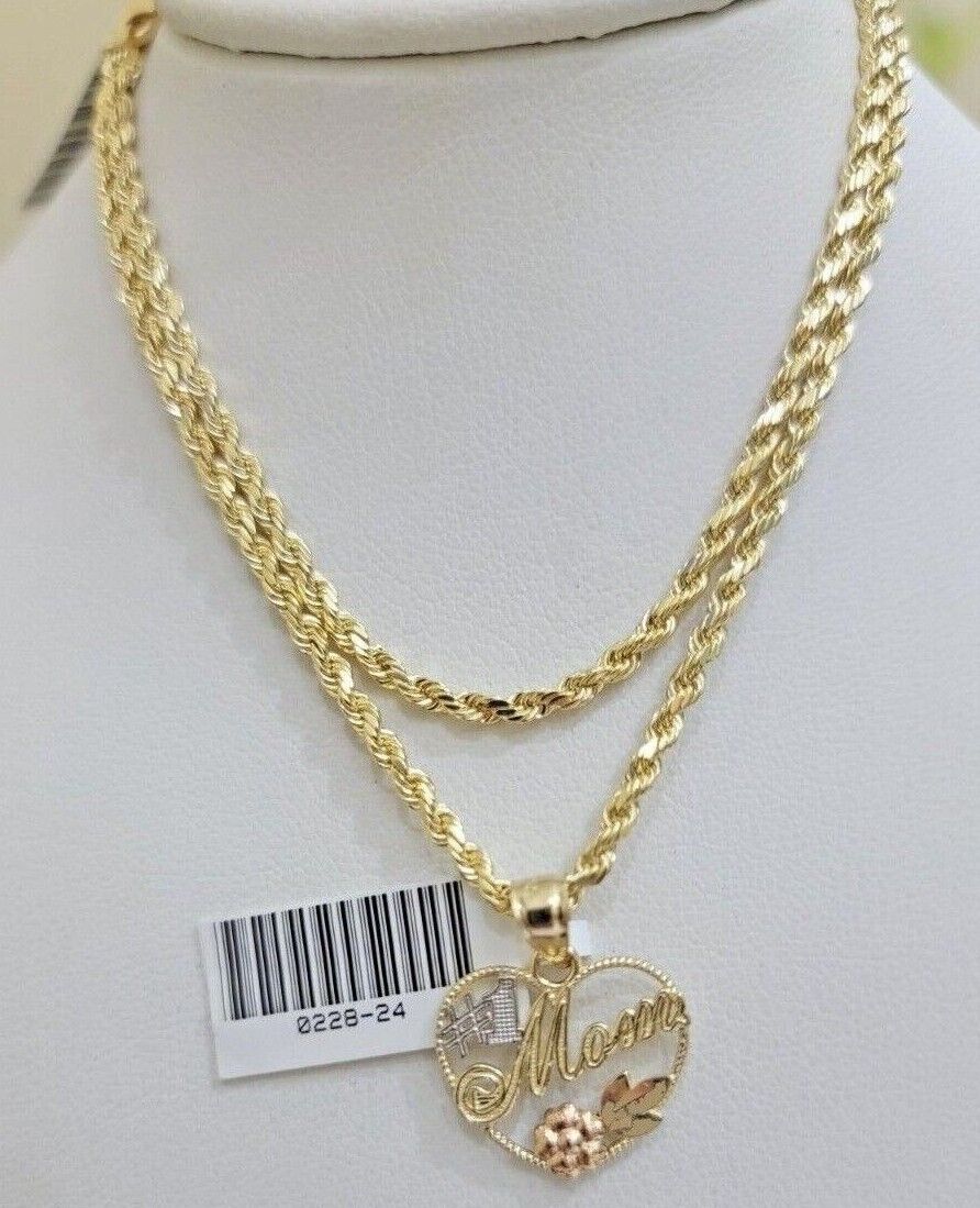 10k Gold Rope Chain Mom Heart Charm Pendant Set 16 - 28'' Inch 2.5mm Necklace REAL - GoldenlinQ