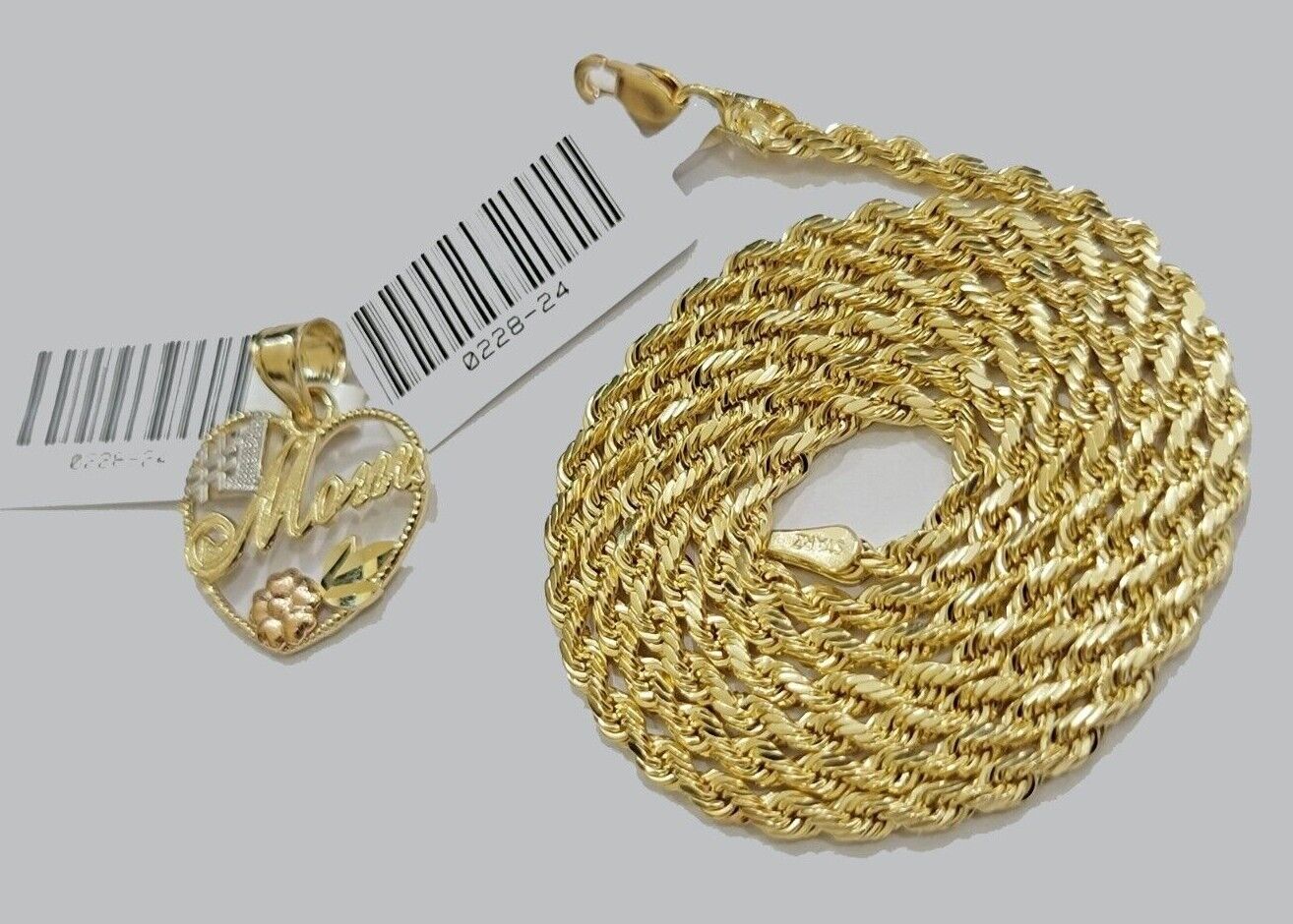 10k Gold Rope Chain Mom Heart Charm Pendant Set 16 - 28'' Inch 2.5mm Necklace REAL - GoldenlinQ