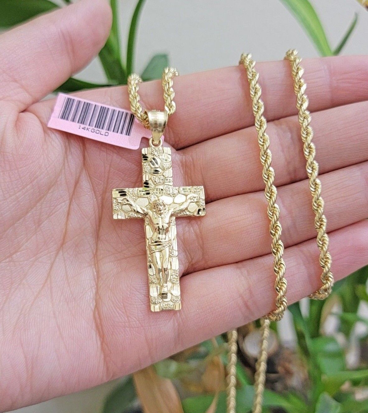 10k Gold Rope Chain Nugget Cross Charm Pendant Set 18 - 28 inch 3mm Necklace, REAL - GoldenlinQ