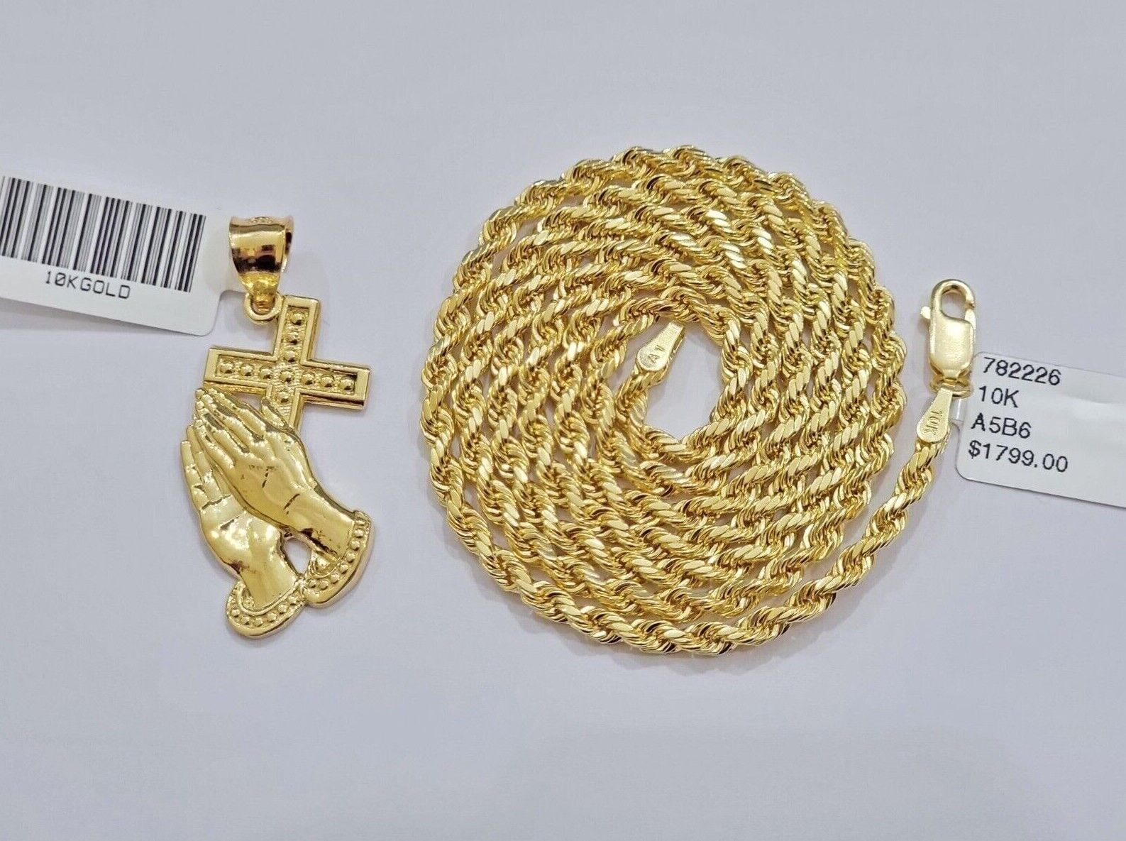 10k Gold Rope Chain Praying Hand Charm Pendant Set 18 - 28''Inch 3mm Necklace REAL - GoldenlinQ