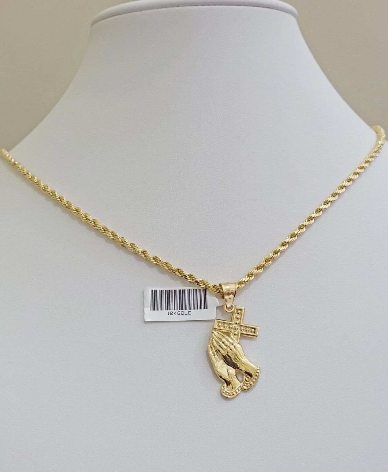 10k Gold Rope Chain Praying Hand Charm Pendant Set 18 - 28''Inch 3mm Necklace REAL - GoldenlinQ