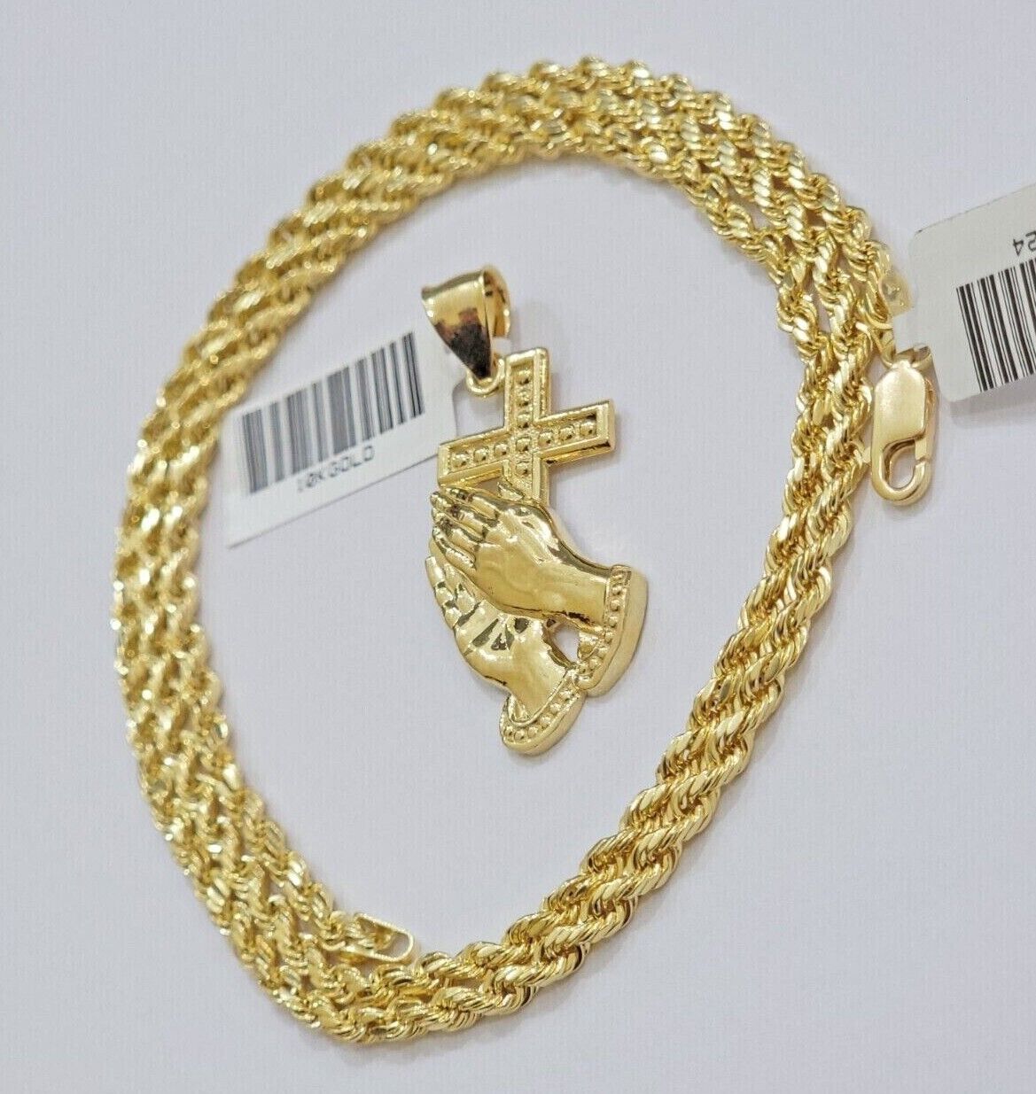 10k Gold Rope Chain Praying Hand Charm Pendant Set 22'' Inches 3mm Necklace REAL - GoldenlinQ