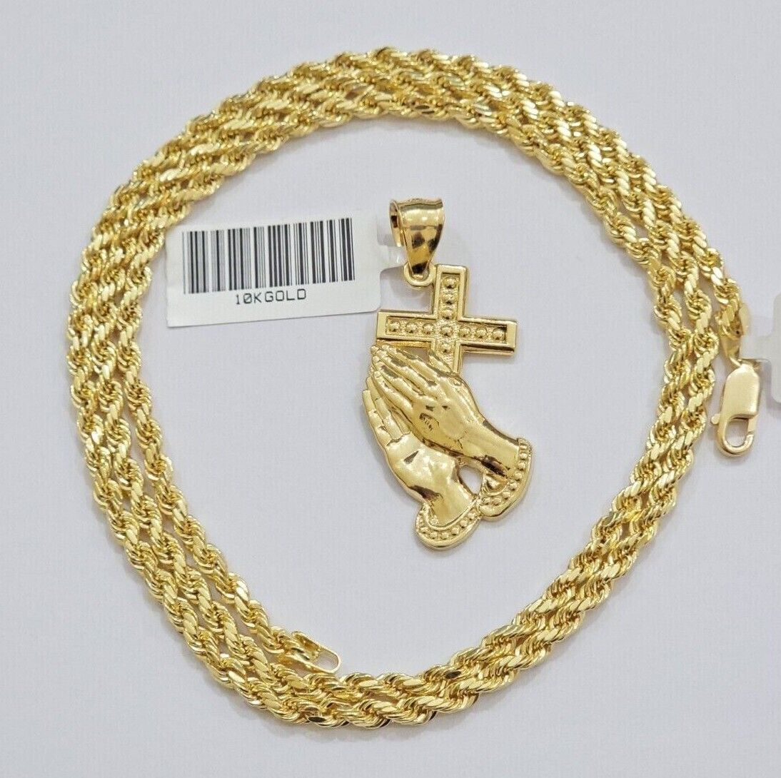 10k Gold Rope Chain Praying Hand Charm Pendant Set 22'' Inches 3mm Necklace REAL - GoldenlinQ