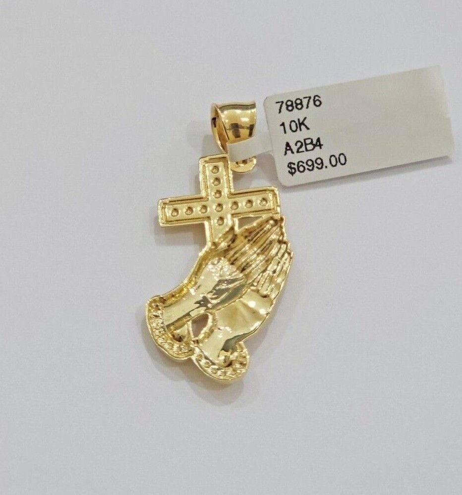 10k Gold Rope Chain Praying Hand Charm Pendant Set 22'' Inches 3mm Necklace REAL - GoldenlinQ