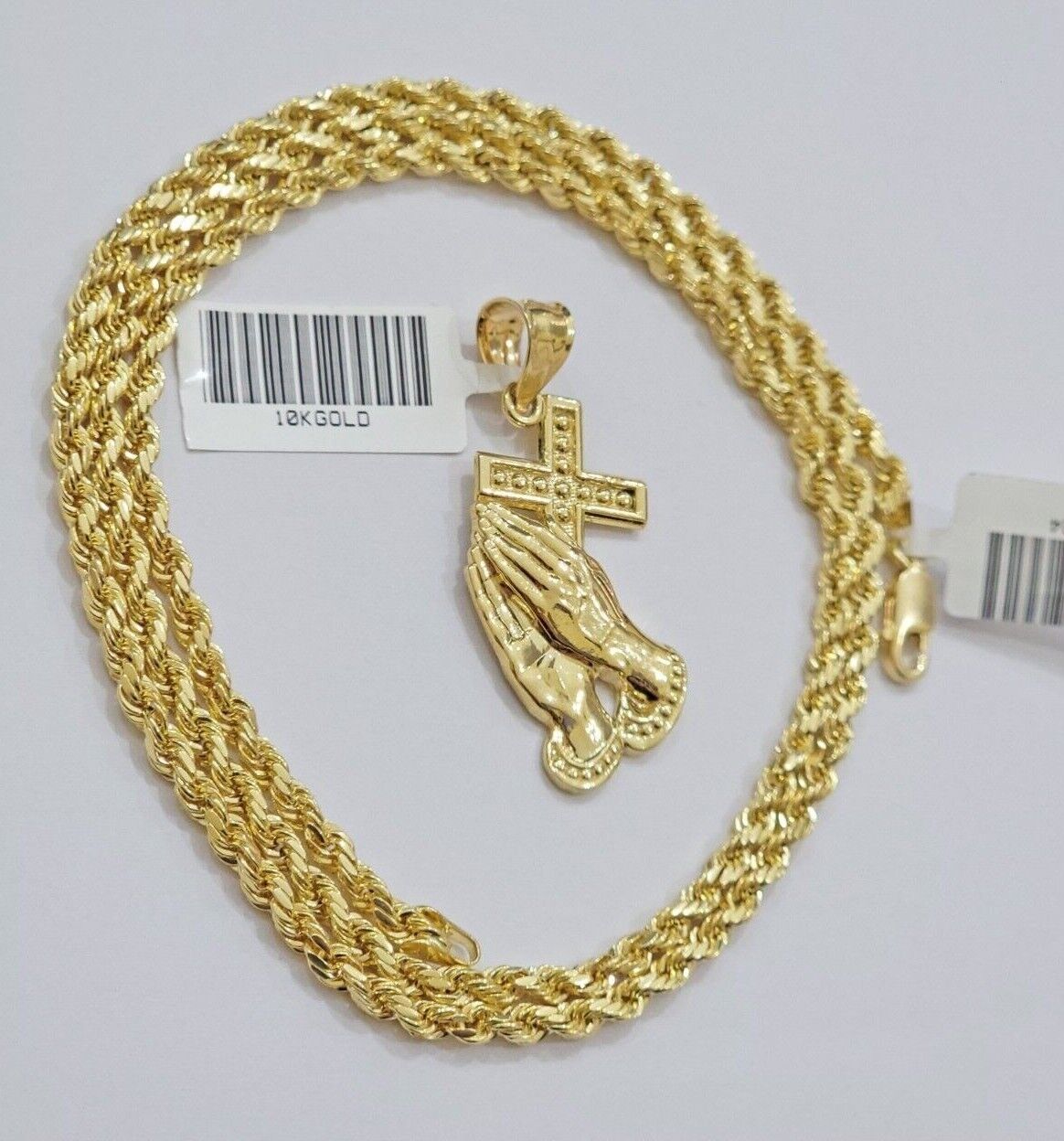 10k Gold Rope Chain Praying Hand Charm Pendant Set 22'' Inches 3mm Necklace REAL - GoldenlinQ