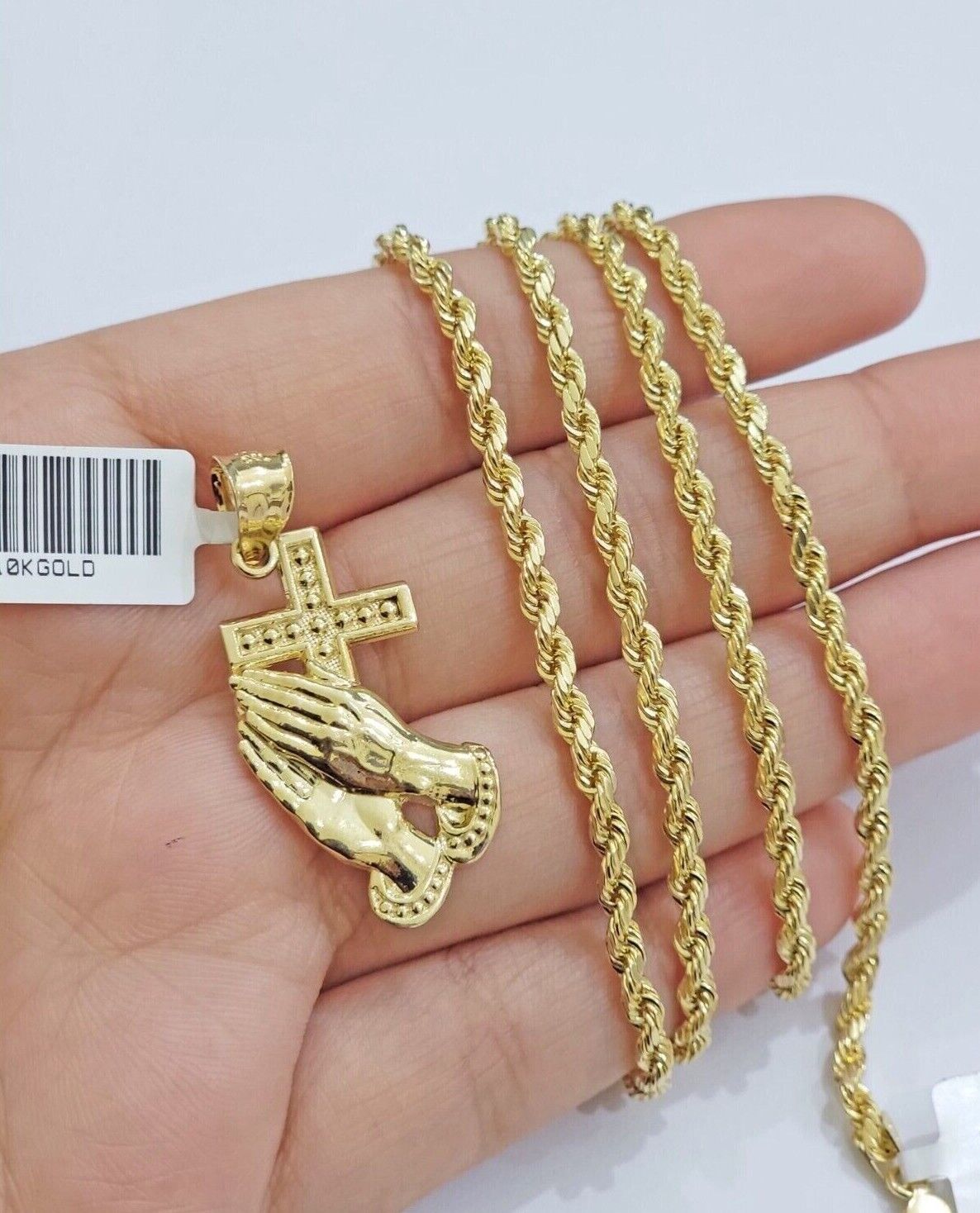 10k Gold Rope Chain Praying Hand Charm Pendant Set 22'' Inches 3mm Necklace REAL - GoldenlinQ