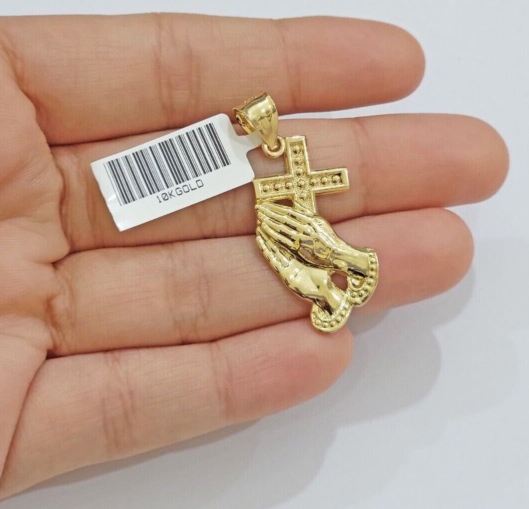10k Gold Rope Chain Praying Hand Charm Pendant Set 22'' Inches 3mm Necklace REAL - GoldenlinQ