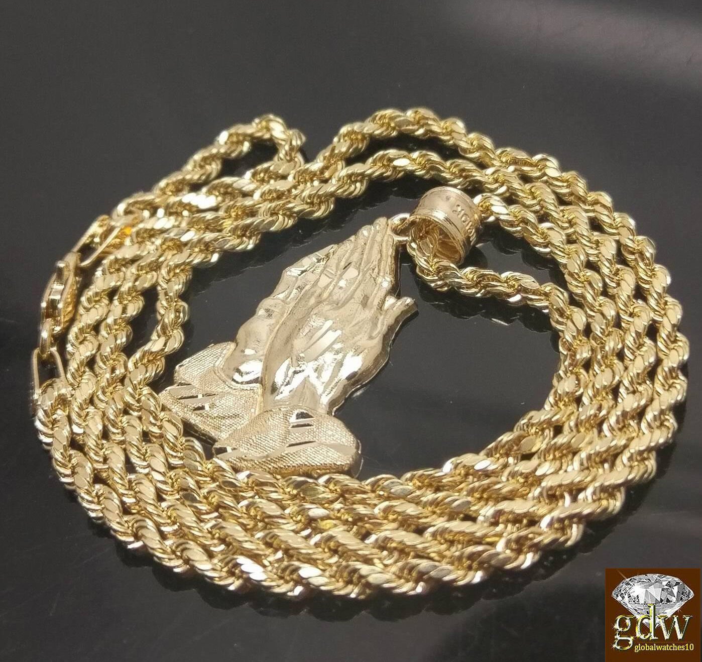10k Gold Rope Necklace 20" 2mm Chain Praying Hand Charm Pendant Men Women - GoldenlinQ