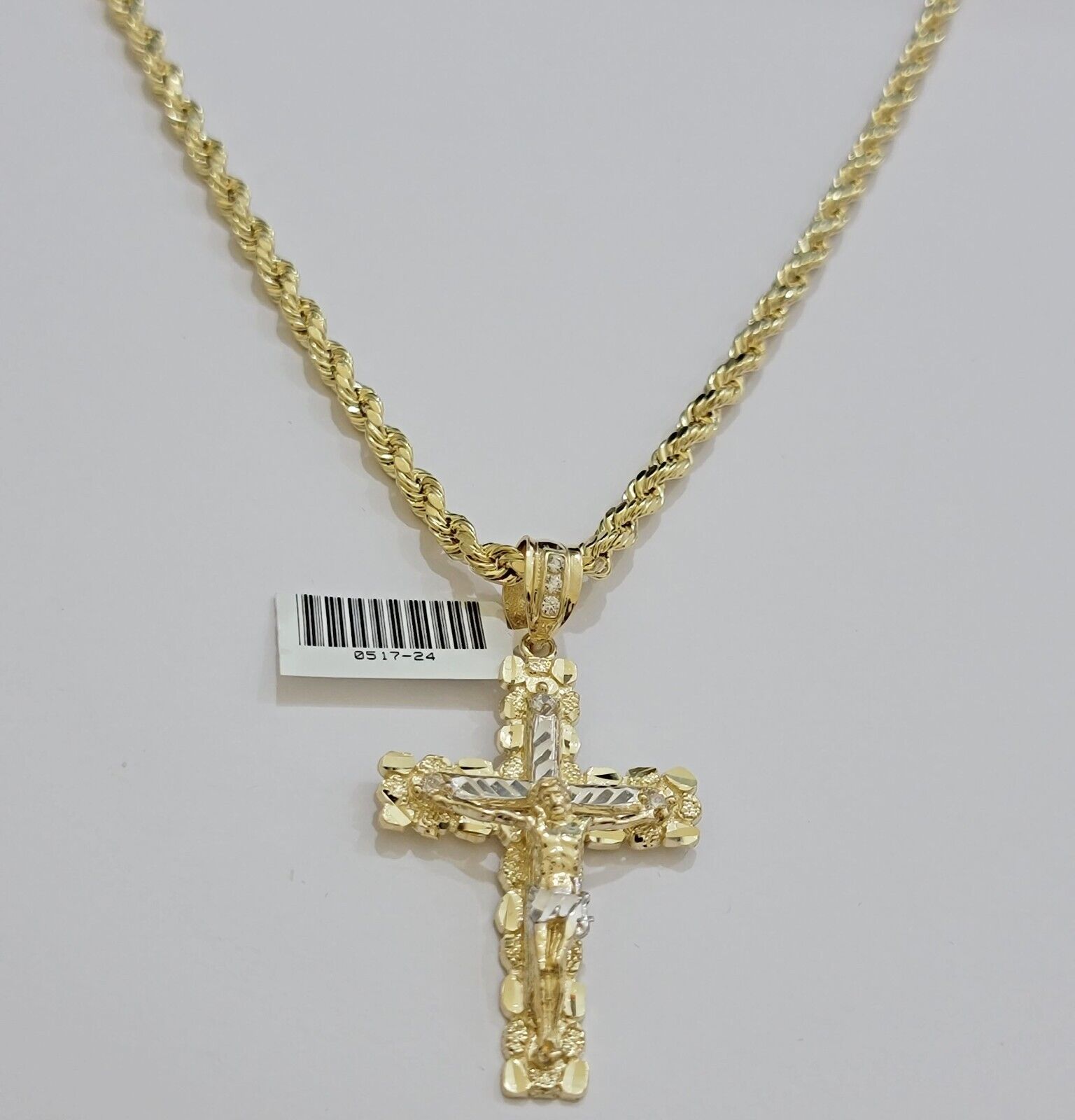 10k Gold Rope Necklace Jesus Cross Charm pendant SET 4mm chain 18" - 28" REAL 10KT - GoldenlinQ