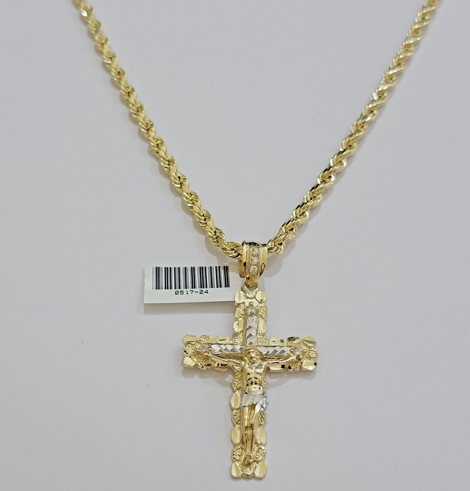 10k Gold Rope Necklace Jesus Cross Charm pendant SET 4mm chain 18" - 28" REAL 10KT - GoldenlinQ