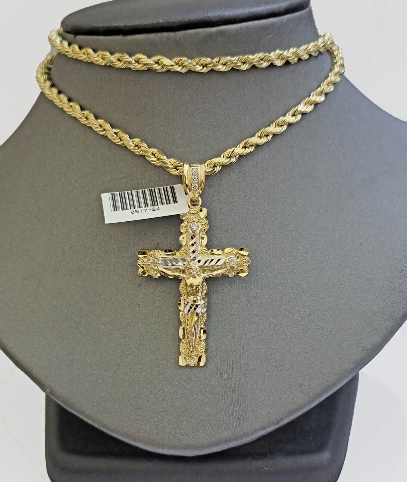 10k Gold Rope Necklace Jesus Cross Charm pendant SET 4mm chain 18" - 28" REAL 10KT - GoldenlinQ