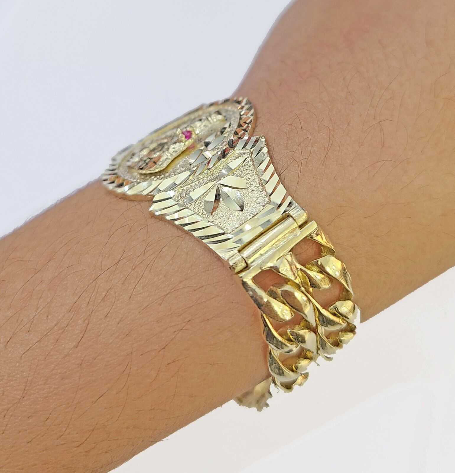 10k Gold Saint Barbara Miami Cuban Bracelet Size 8" 15mm - GoldenlinQ