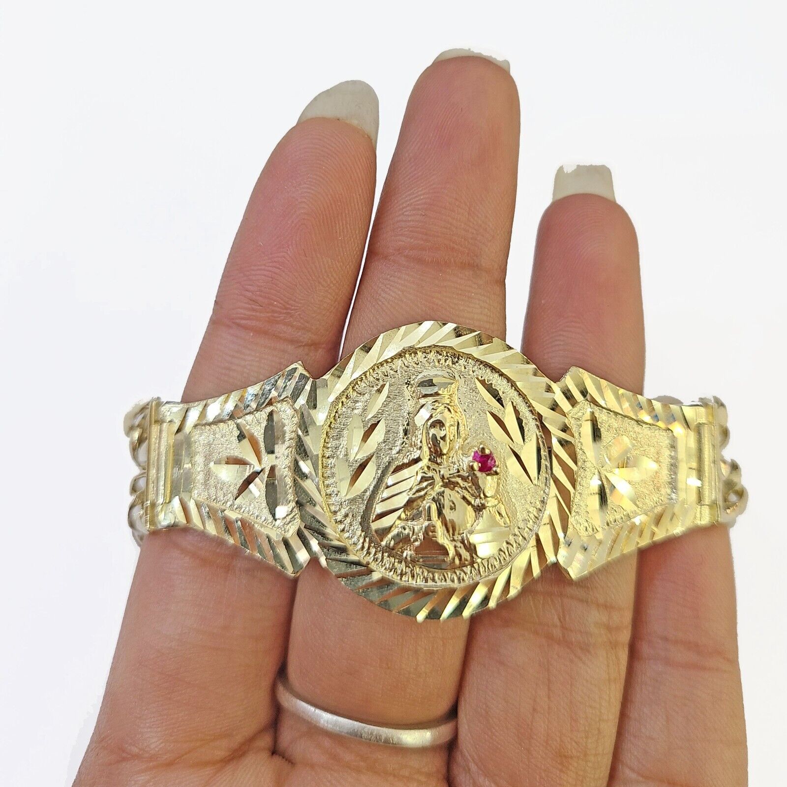 10k Gold Saint Barbara Miami Cuban Bracelet Size 8" 15mm - GoldenlinQ