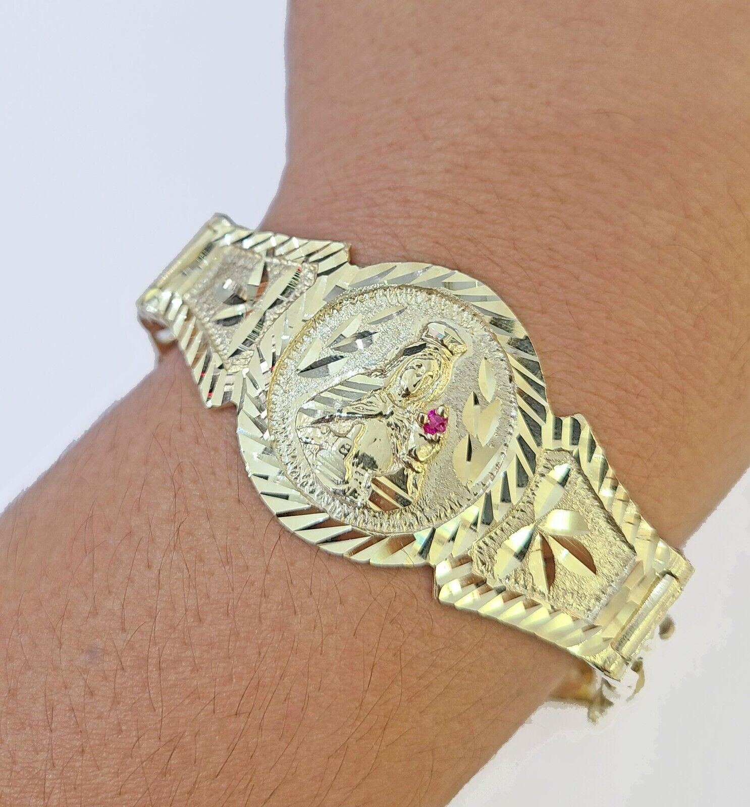 10k Gold Saint Barbara Miami Cuban Bracelet Size 8" 15mm - GoldenlinQ