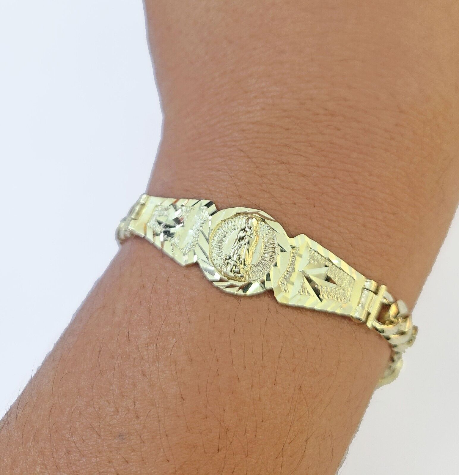 10k Gold Virgin Mary Miami Cuban Bracelet Size 8" Inches 7mm 10kt Mens Ladies - GoldenlinQ