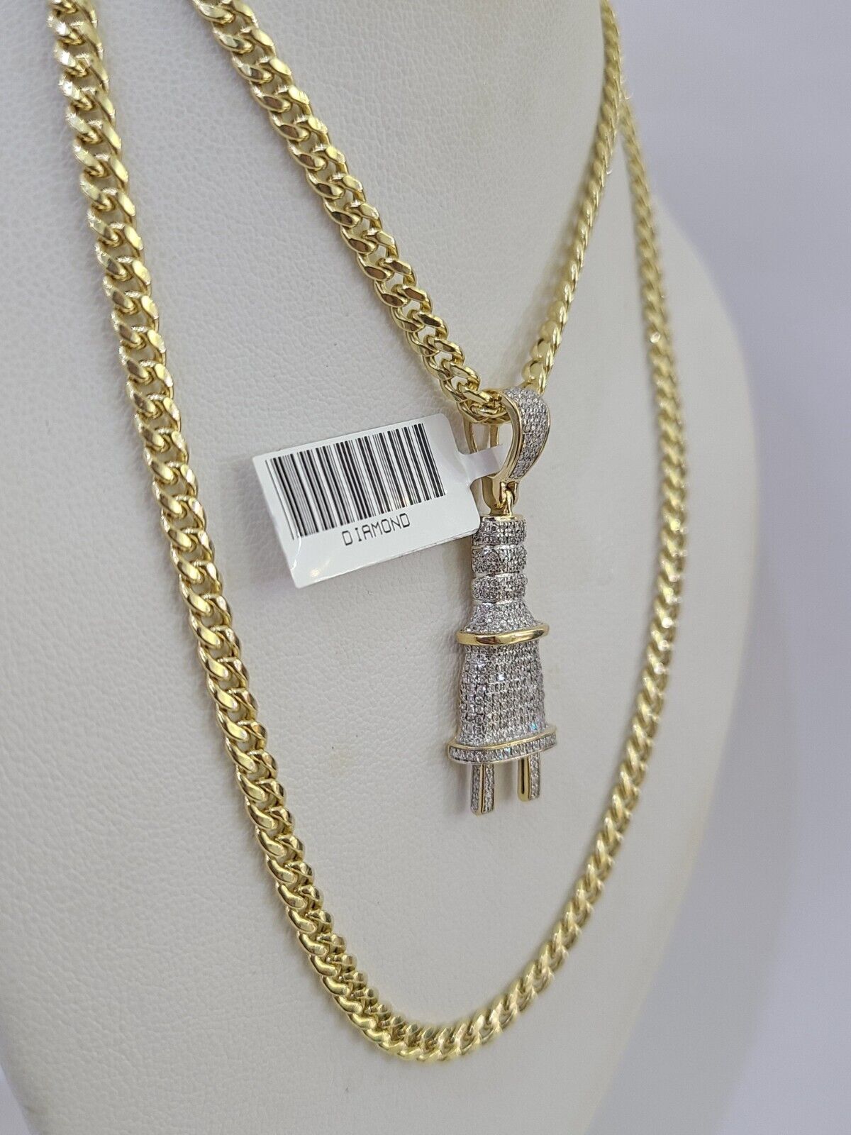 10k Miami Cuban Chain Plug Socket Charm Diamond Set 4.5mm 20" - 28" Necklace Gold - GoldenlinQ