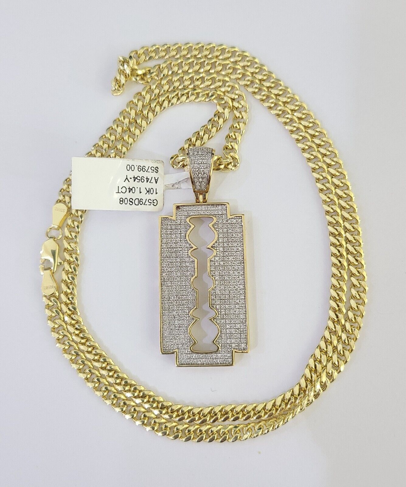 10k Miami Cuban Chain Razor Blade Charm Diamond Set 4.5mm 20" - 28" Necklace Gold - GoldenlinQ