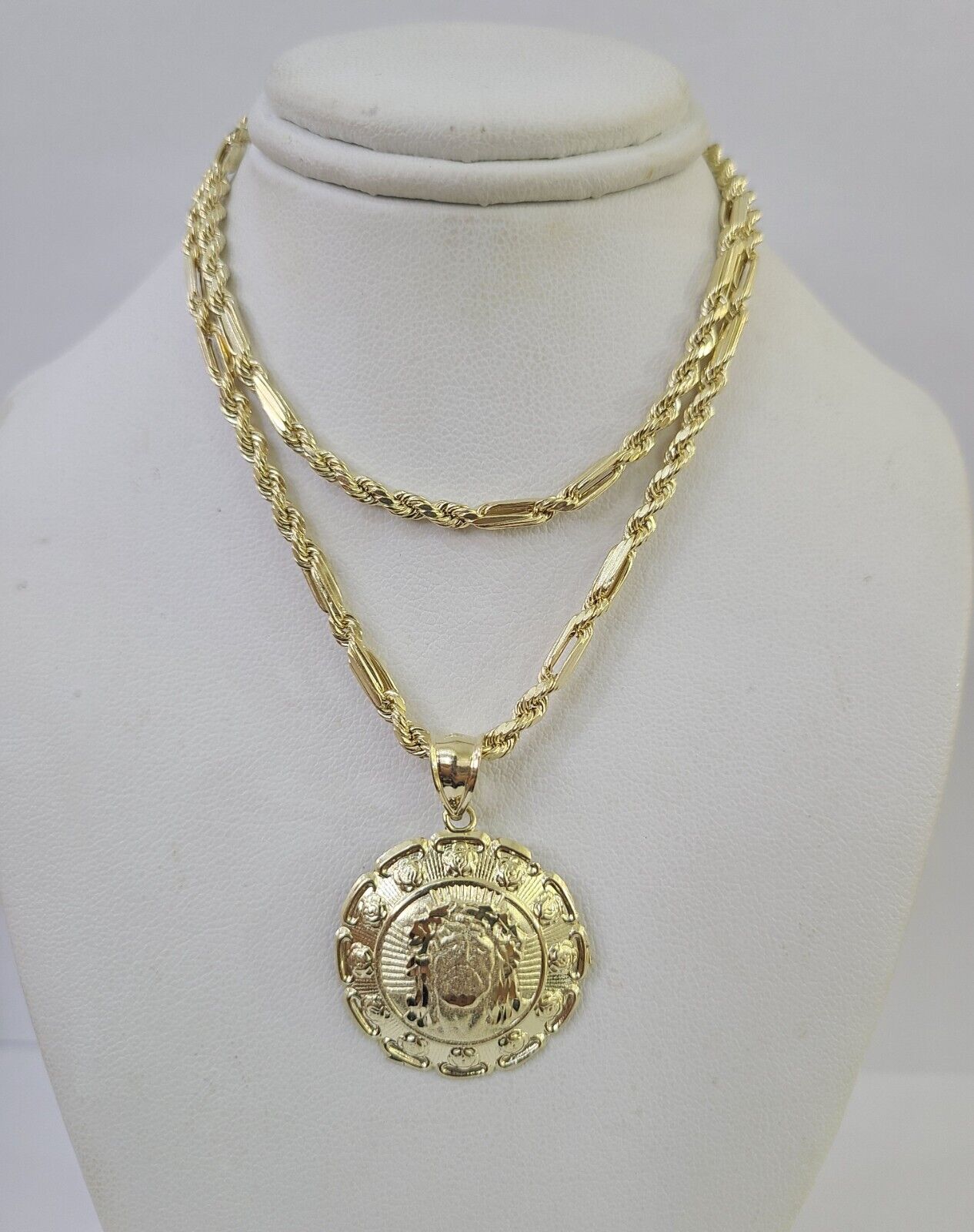 10k Milano Rope Chain Jesus Head Charm Necklace SET 3mm 18" - 26" Pendant - GoldenlinQ