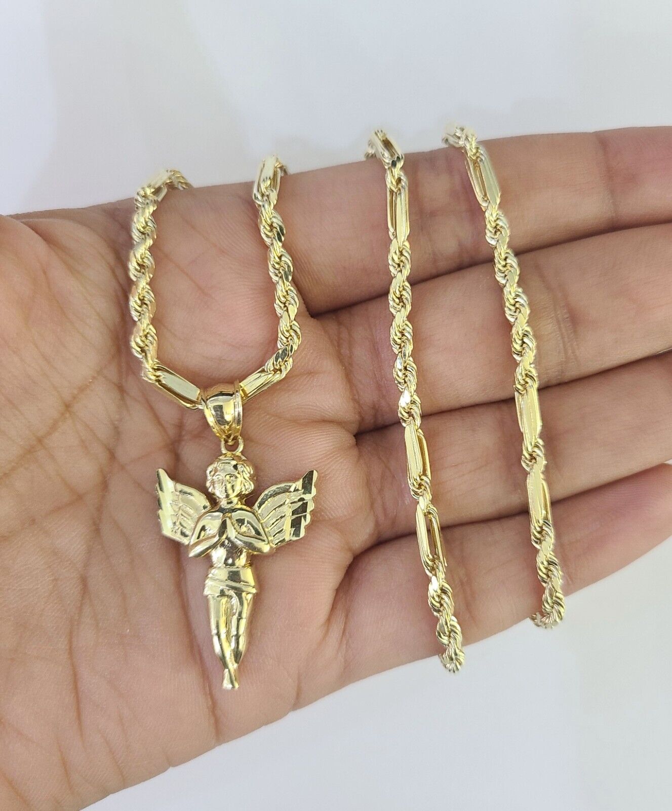 10k Milano Rope Chain Praying Angel Charm Necklace SET 3mm 18" - 26" Pendant - GoldenlinQ