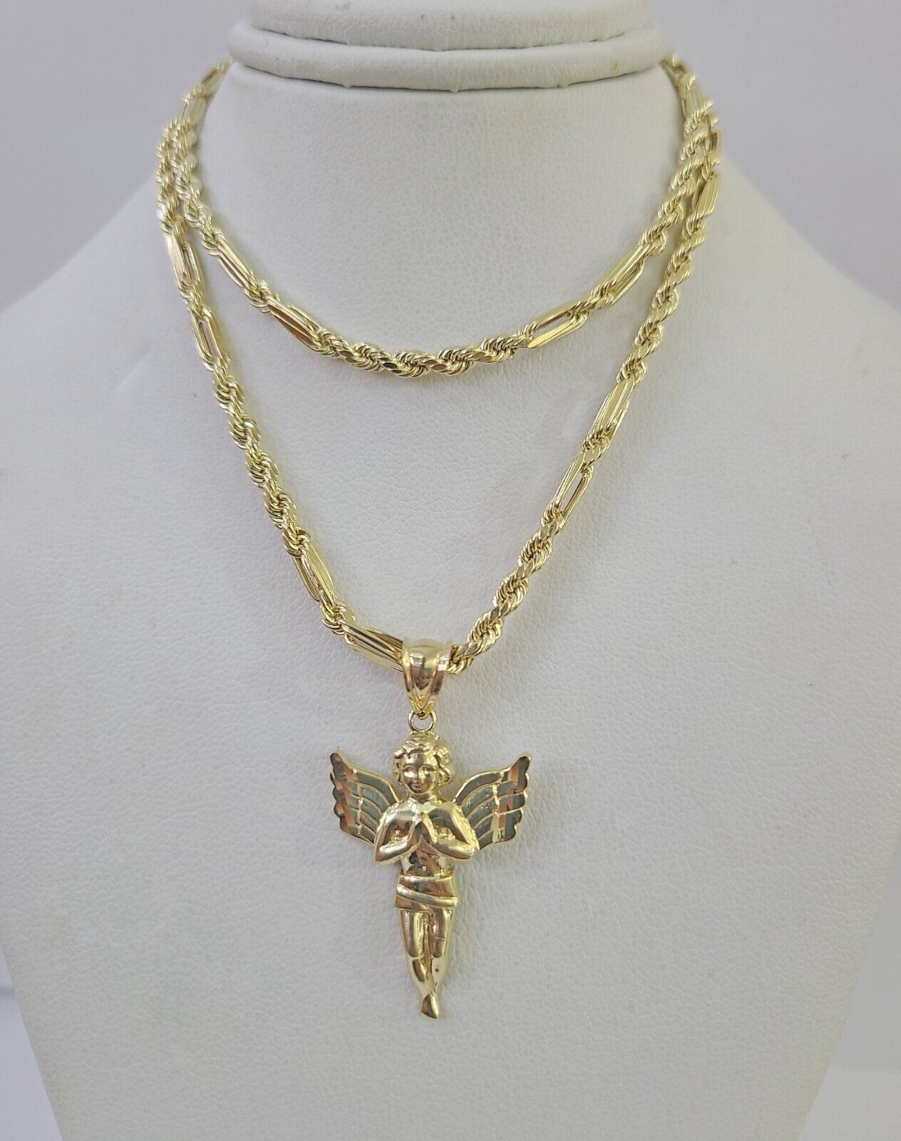 10k Milano Rope Chain Praying Angel Charm Necklace SET 3mm 18" - 26" Pendant - GoldenlinQ