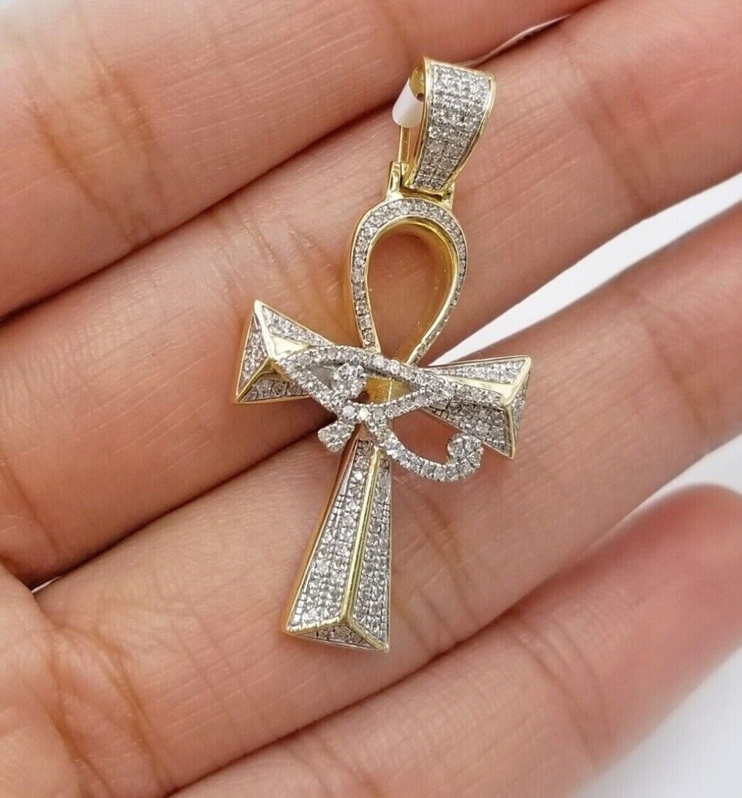 10k Real Gold Cross Evil Eye Pendant Genuine Diamonds Charm 10KT - GoldenlinQ