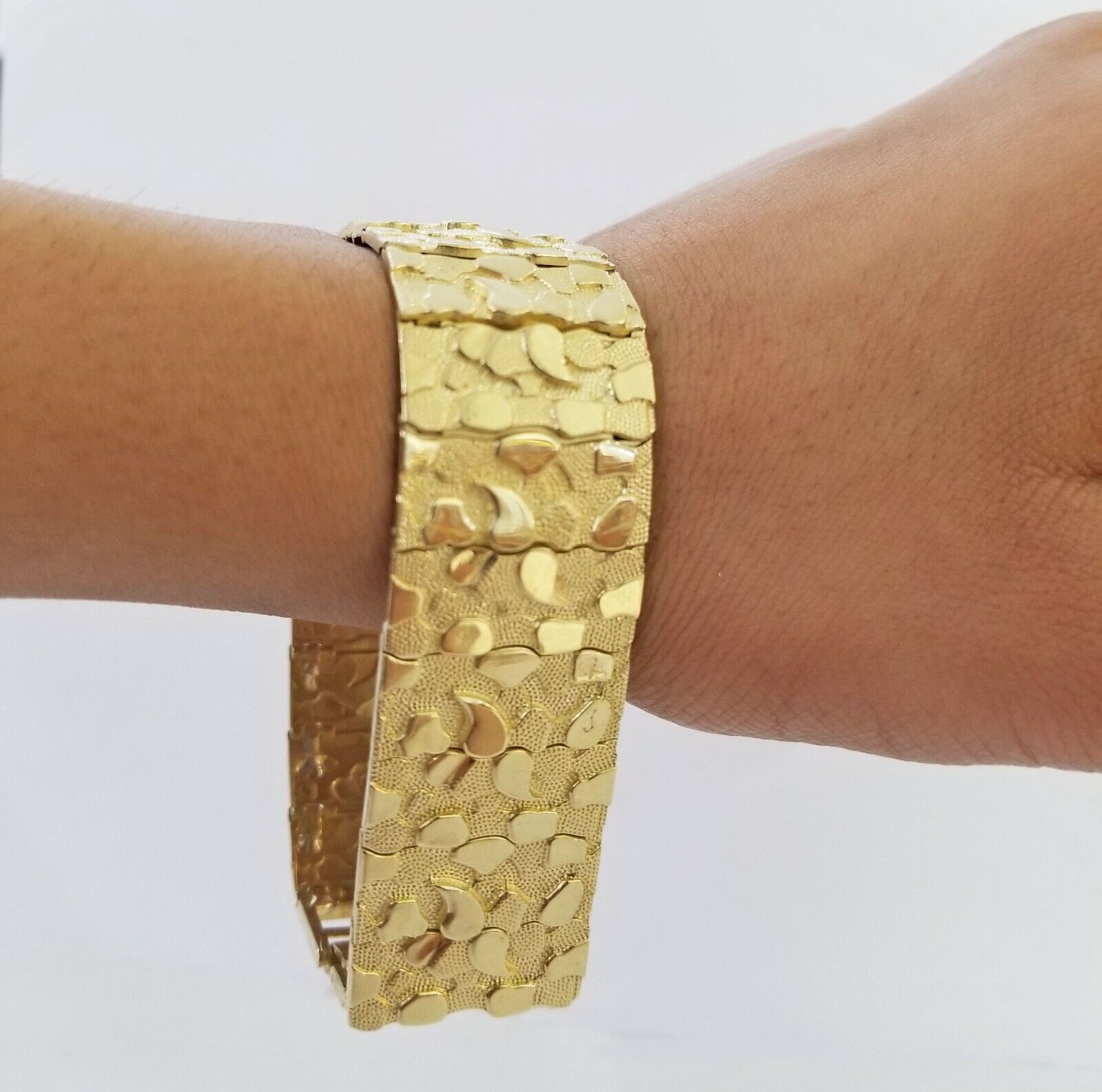 10K REAL Yellow Gold Nugget Bracelet 9" Inch 22mm Mens Thick Bracelet 10kt - GoldenlinQ