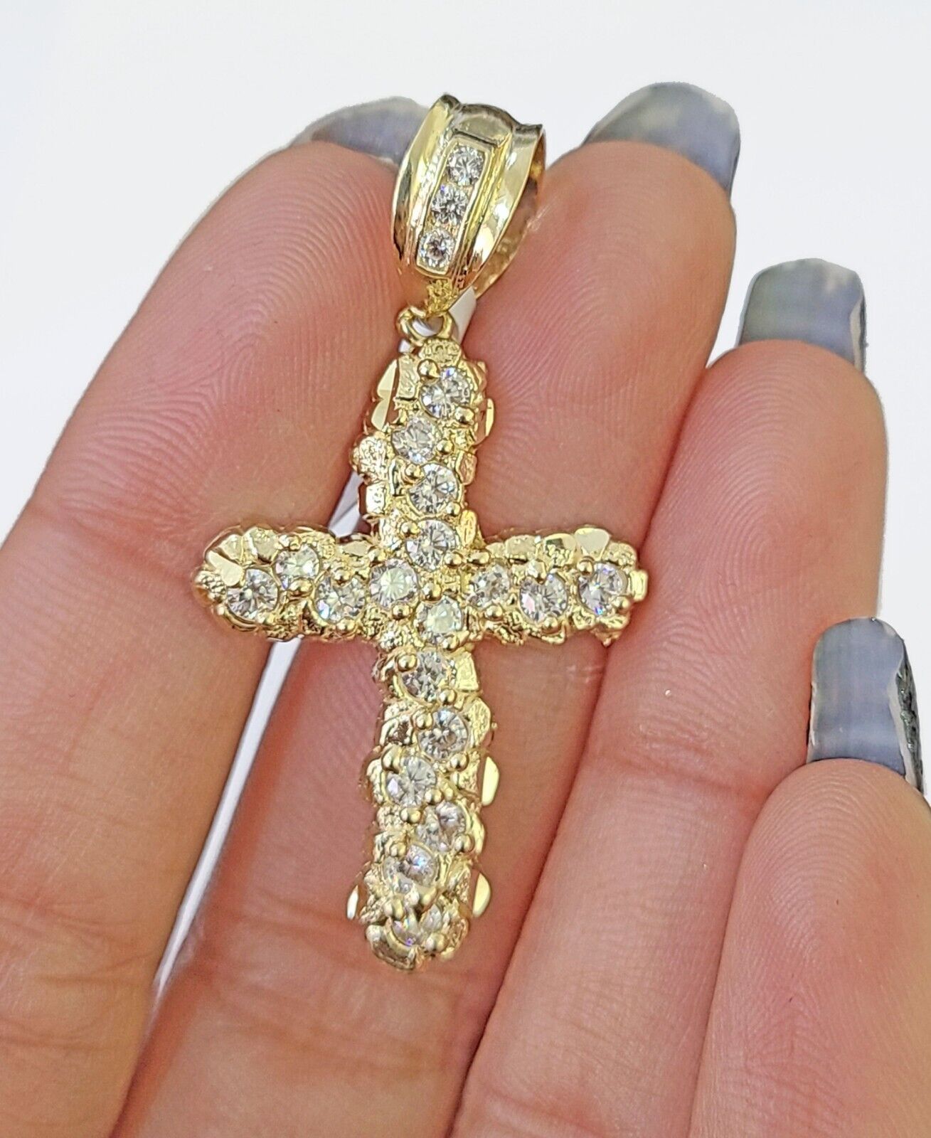 10k Real Yellow Gold Nugget Cross Charm / Pendent 2 inches (approx) - GoldenlinQ