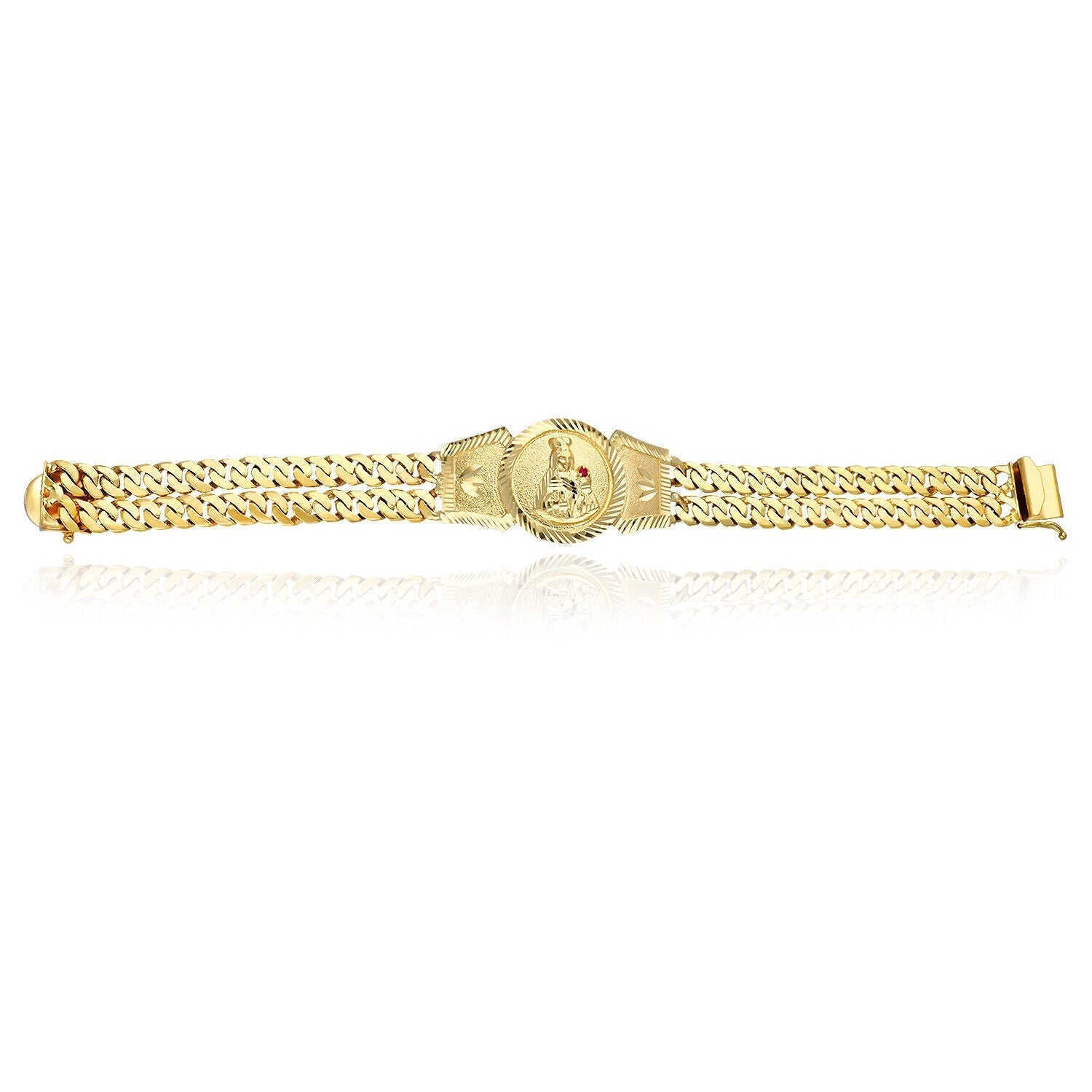 10k Solid Gold Saint Barbara Bracelet Cuban Link 8.25inch Box Lock Oro Brazalete - GoldenlinQ