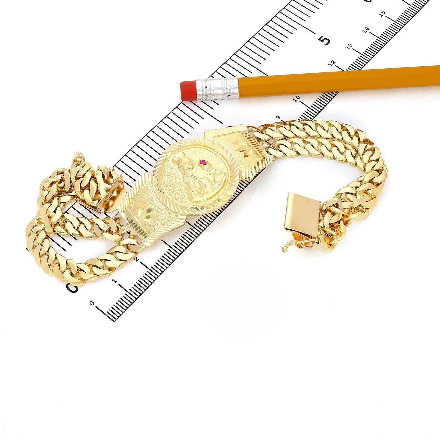 10k Solid Gold Saint Barbara Bracelet Cuban Link 8.25inch Box Lock Oro Brazalete - GoldenlinQ