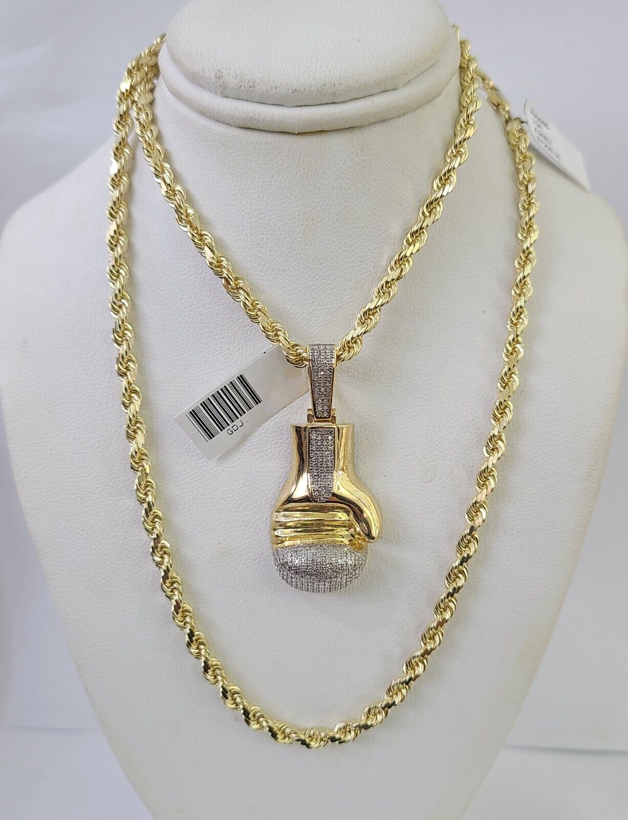 10k Solid Rope Chain Boxing Gloves Charm Diamond Set 4mm 20" - 28" Necklace Gold - GoldenlinQ
