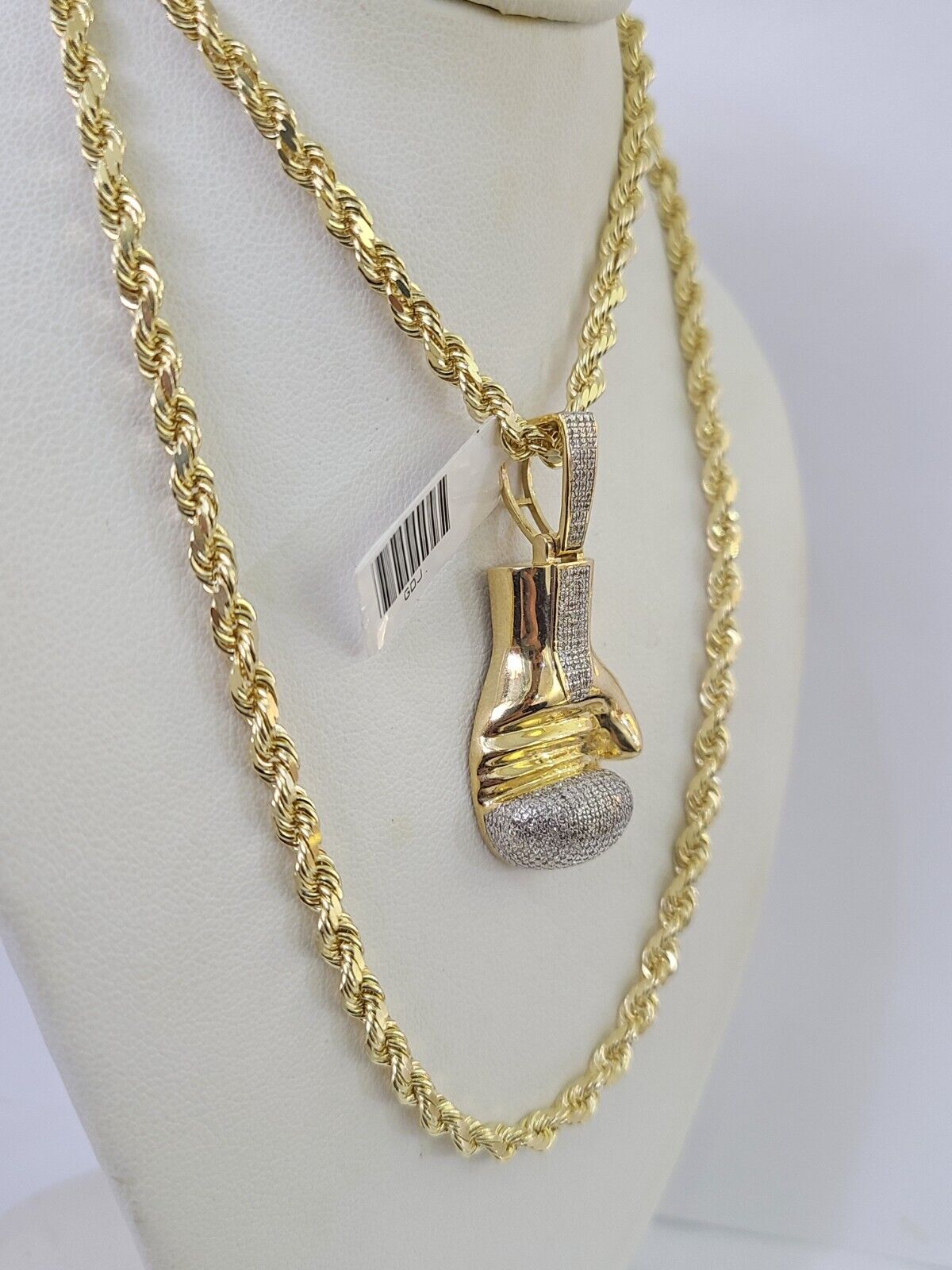 10k Solid Rope Chain Boxing Gloves Charm Diamond Set 4mm 20" - 28" Necklace Gold - GoldenlinQ