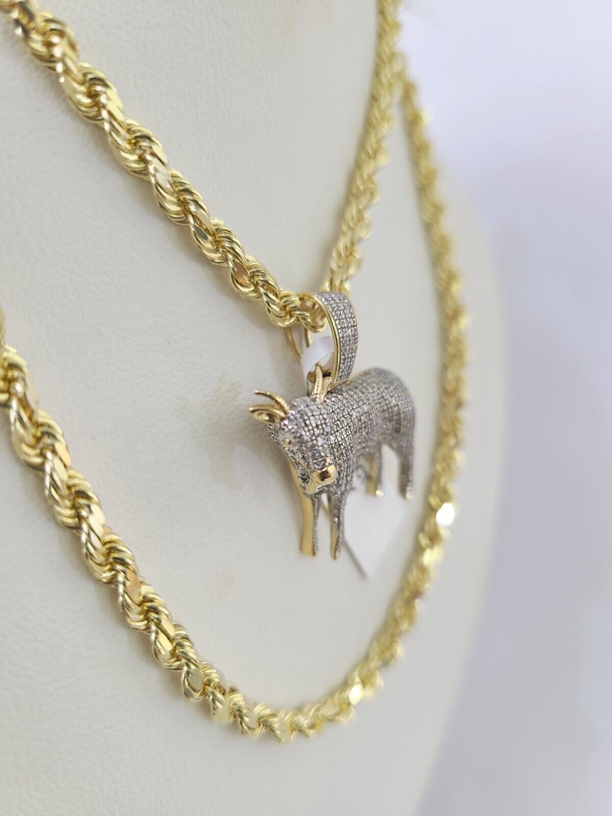 10k Solid Rope Chain Goat Charm Diamond Set 4mm 20" - 28" Necklace Gold Yellow - GoldenlinQ