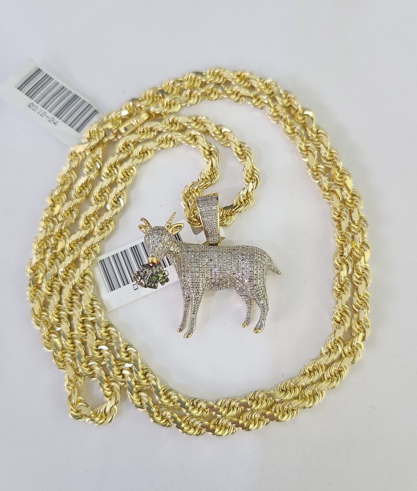 10k Solid Rope Chain Goat Charm Diamond Set 4mm 20" - 28" Necklace Gold Yellow - GoldenlinQ