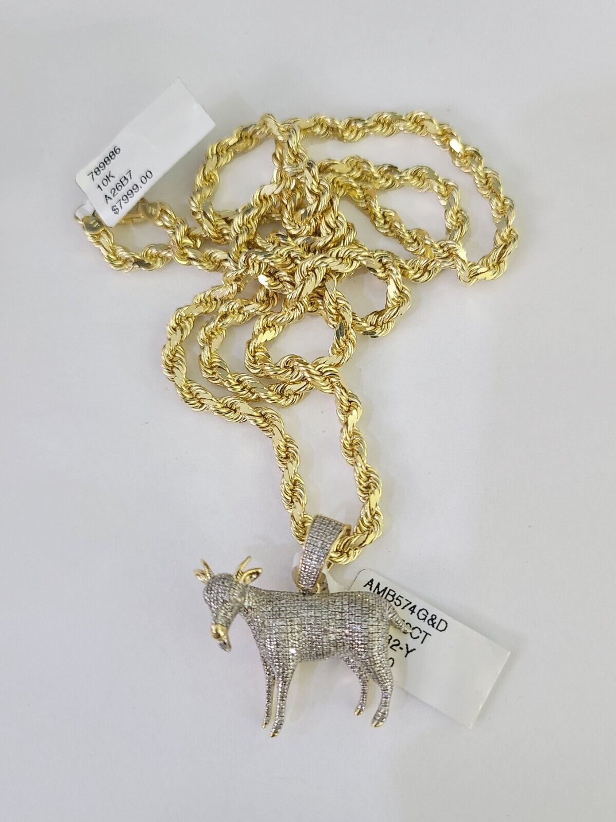 10k Solid Rope Chain Goat Charm Diamond Set 4mm 20" - 28" Necklace Gold Yellow - GoldenlinQ