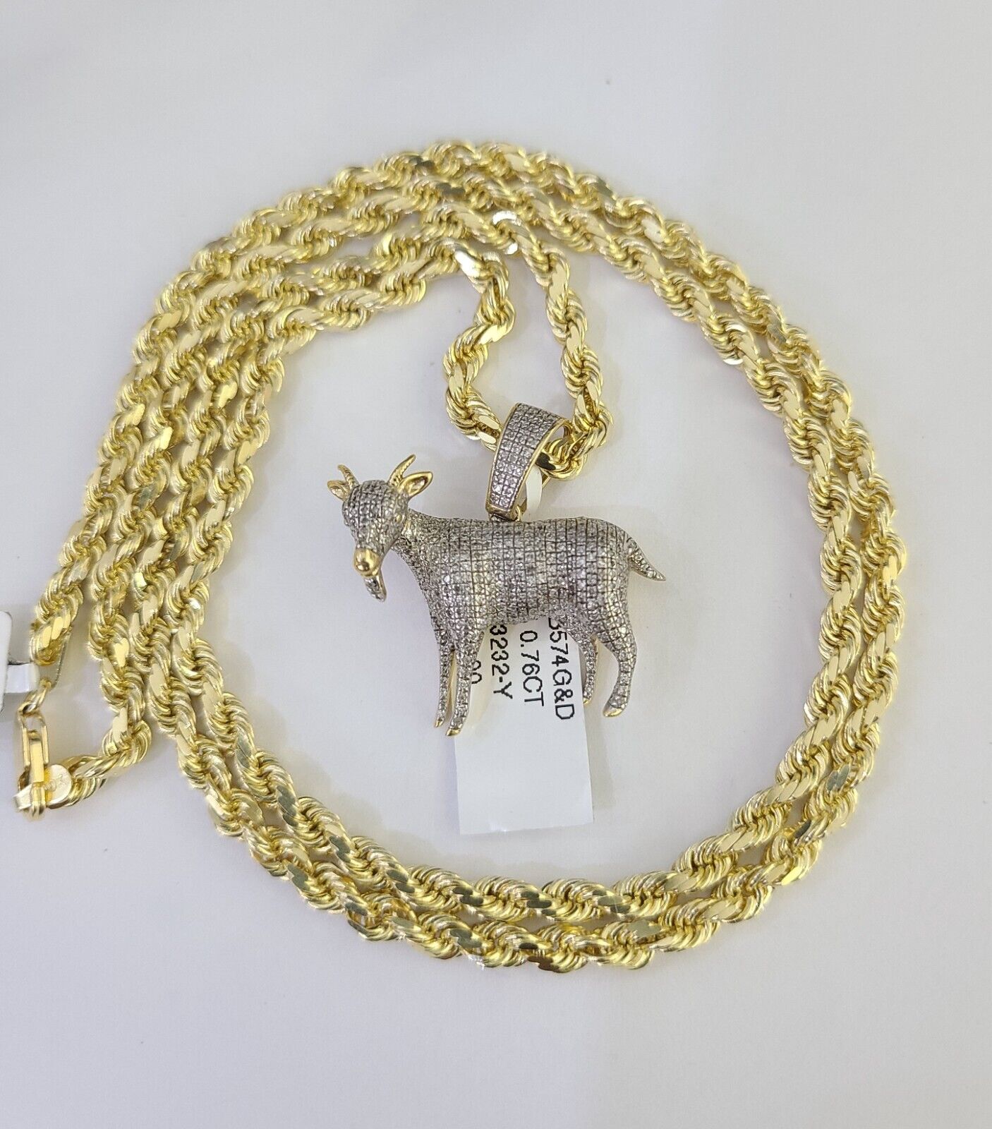 10k Solid Rope Chain Goat Charm Diamond Set 4mm 20" - 28" Necklace Gold Yellow - GoldenlinQ