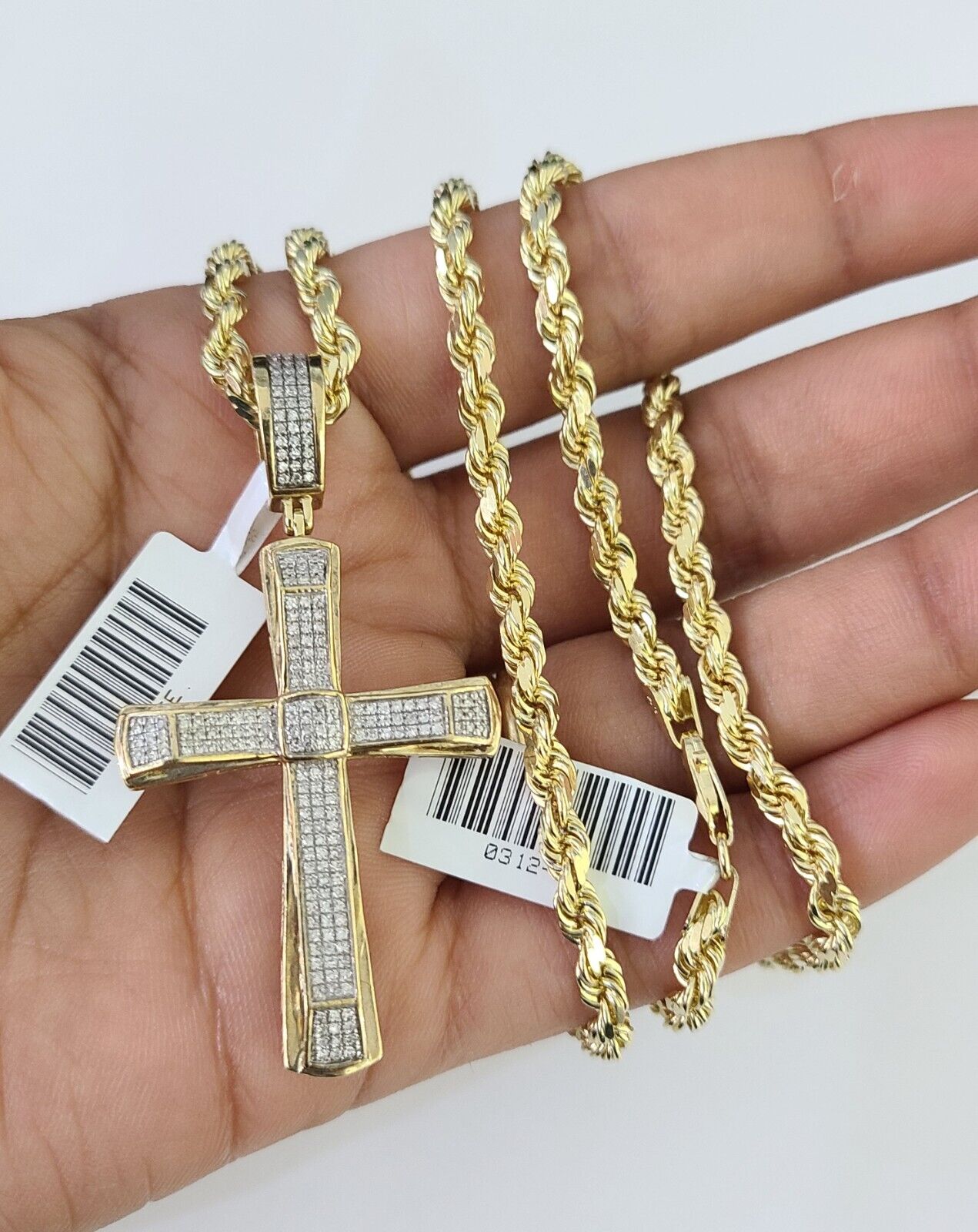 10k Solid Rope Chain Jesus Cross Charm Diamond Set 4mm 20" - 28" Necklace Gold - GoldenlinQ