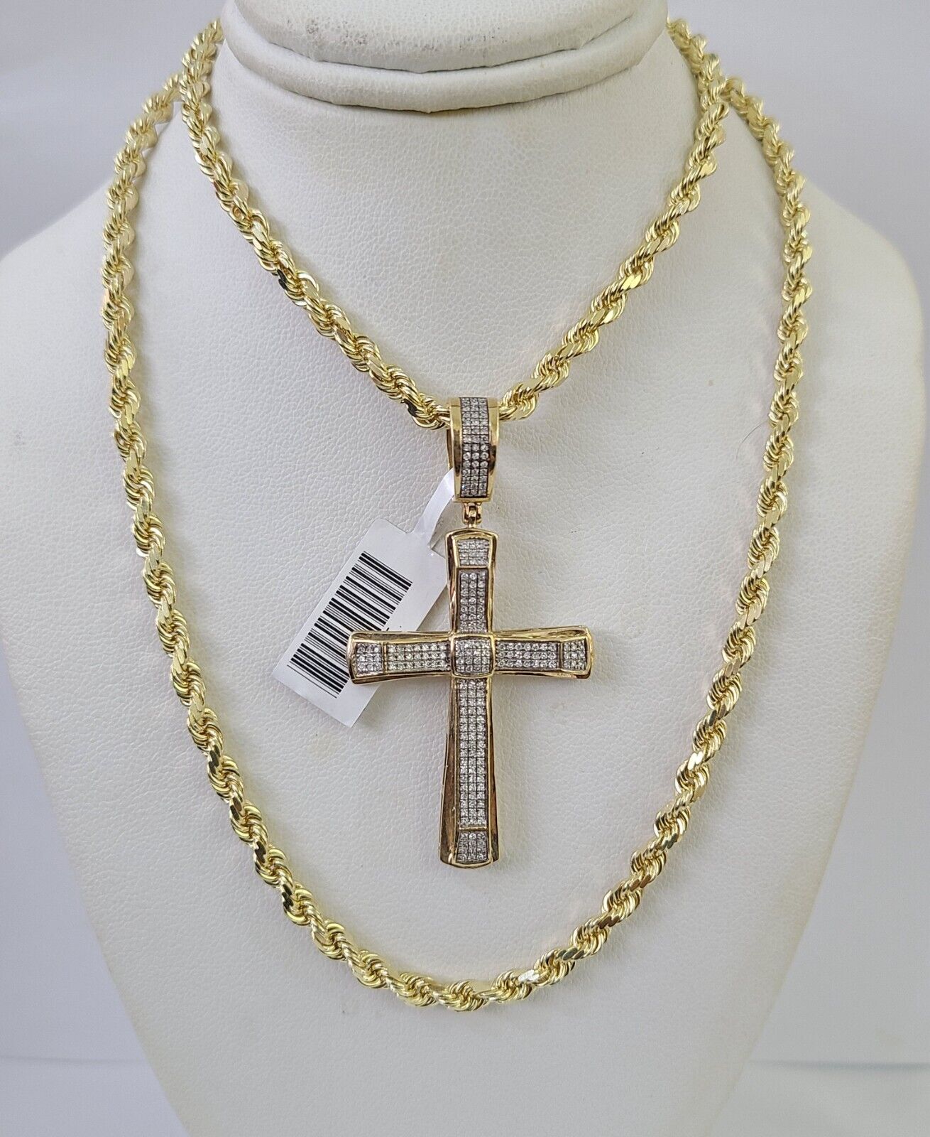 10k Solid Rope Chain Jesus Cross Charm Diamond Set 4mm 20" - 28" Necklace Gold - GoldenlinQ