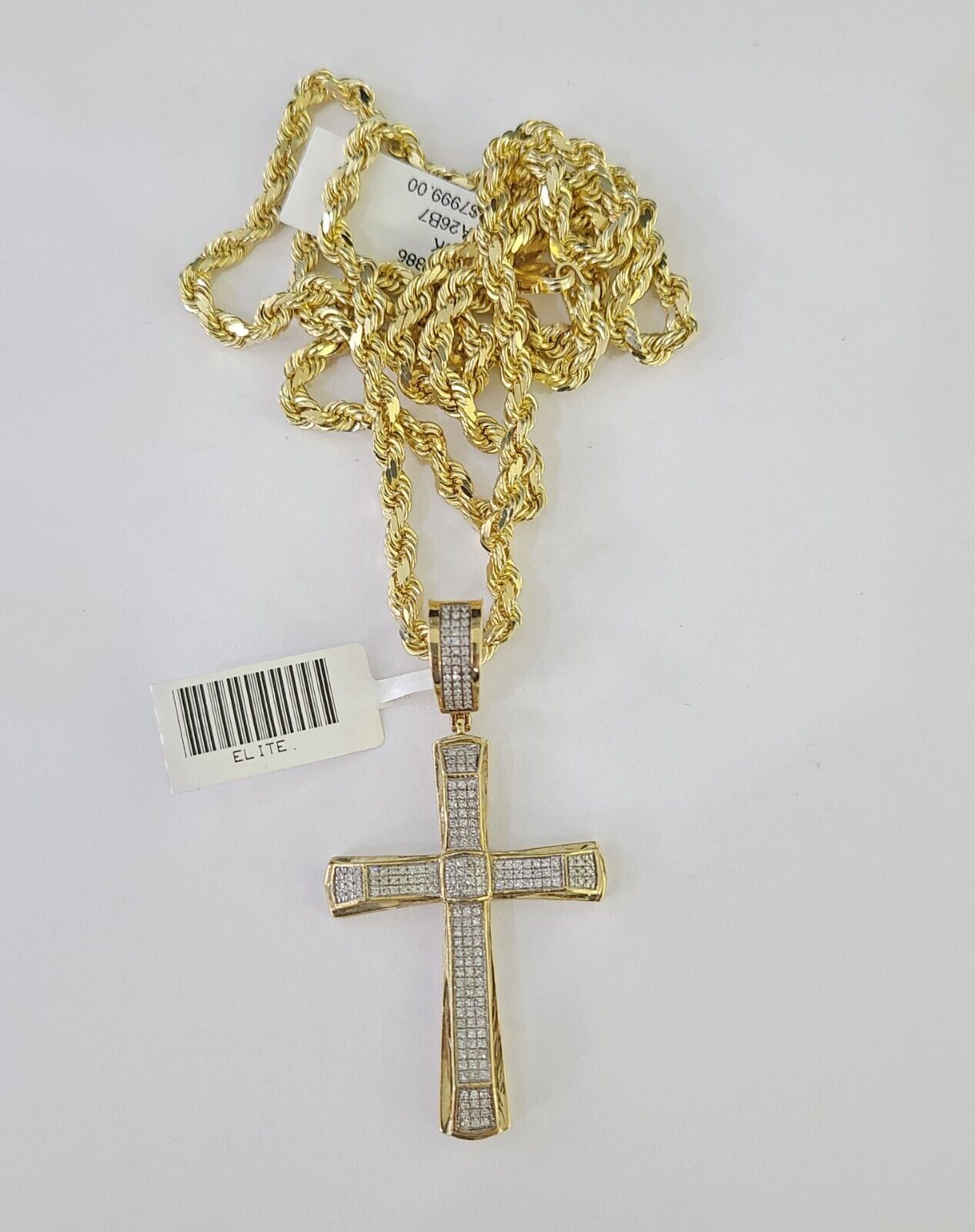 10k Solid Rope Chain Jesus Cross Charm Diamond Set 4mm 20" - 28" Necklace Gold - GoldenlinQ