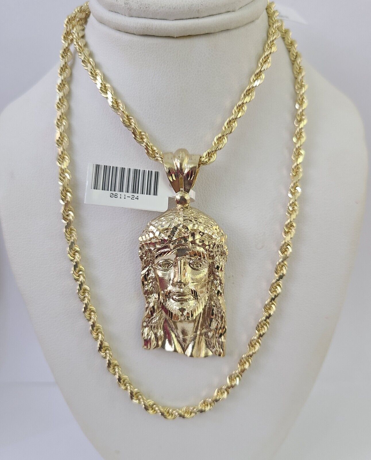 10k Solid Rope Chain Jesus Head Charm Set 4mm 20" - 28" Necklace Gold Yellow - GoldenlinQ